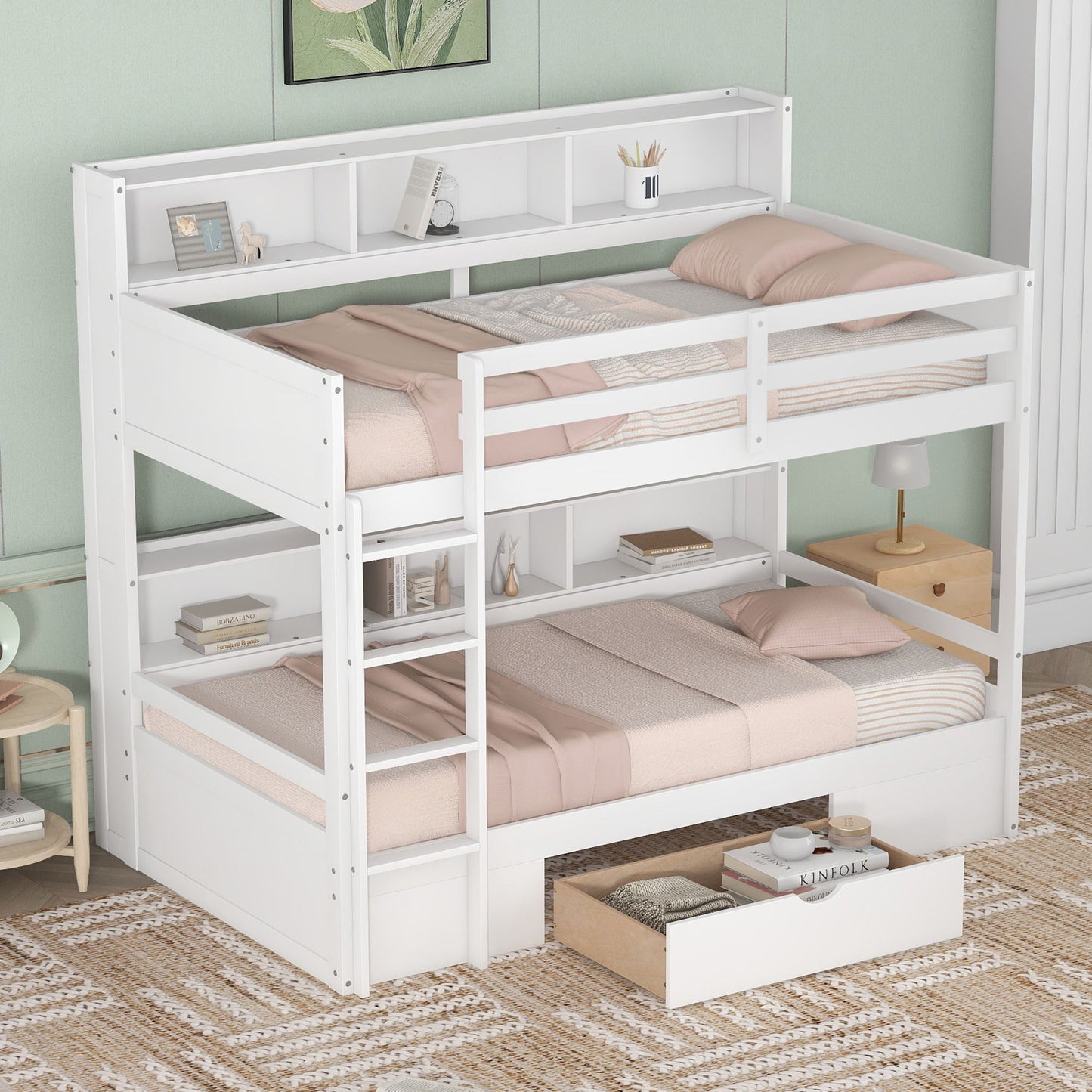 Twin Size Bunk Bed With Built-In Shelves Beside Both Upper And Down Bed And Storage Drawer - The Sleep Loft - Online Mattress Showroom NYC