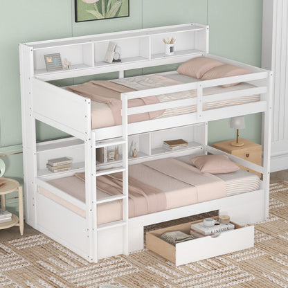 Twin Size Bunk Bed With Built-In Shelves Beside Both Upper And Down Bed And Storage Drawer - The Sleep Loft - Online Mattress Showroom NYC