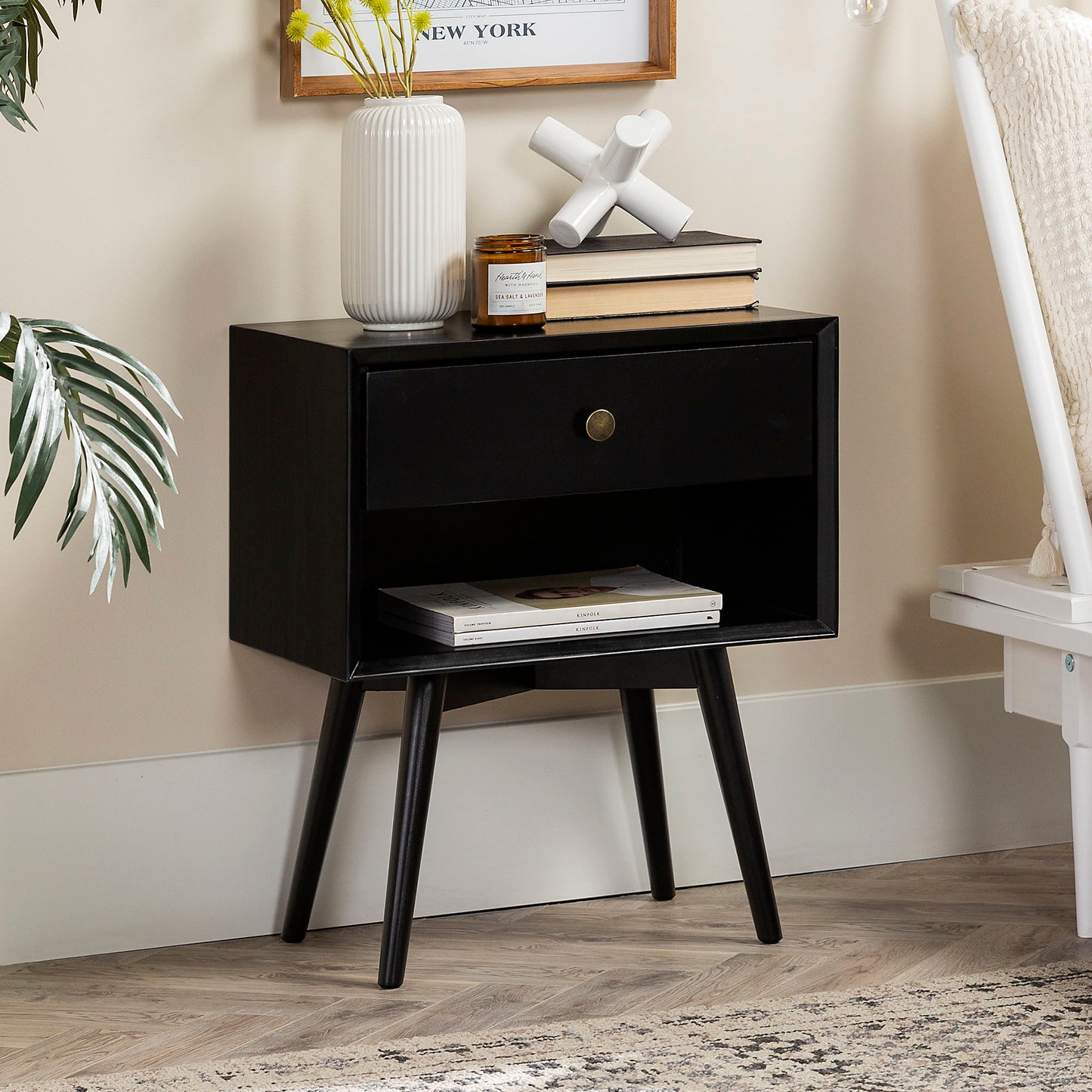 Mid-Century Modern Single Drawer Solid Wood Nightstand - The Sleep Loft - Online Mattress Showroom NYC