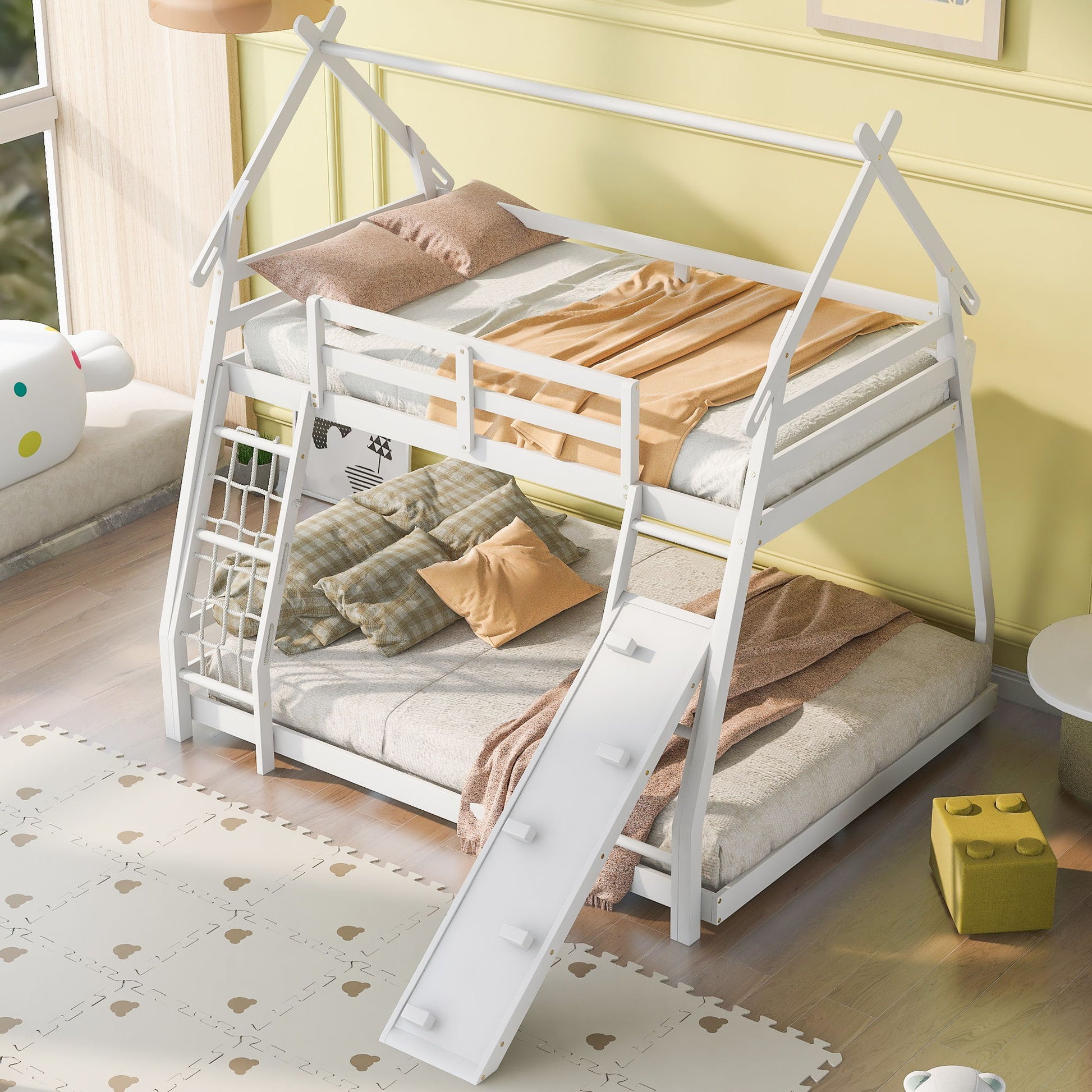 Twin Over Queen House Bunk Bed With Climbing Nets And Climbing Ramp - The Sleep Loft - Online Mattress Showroom NYC