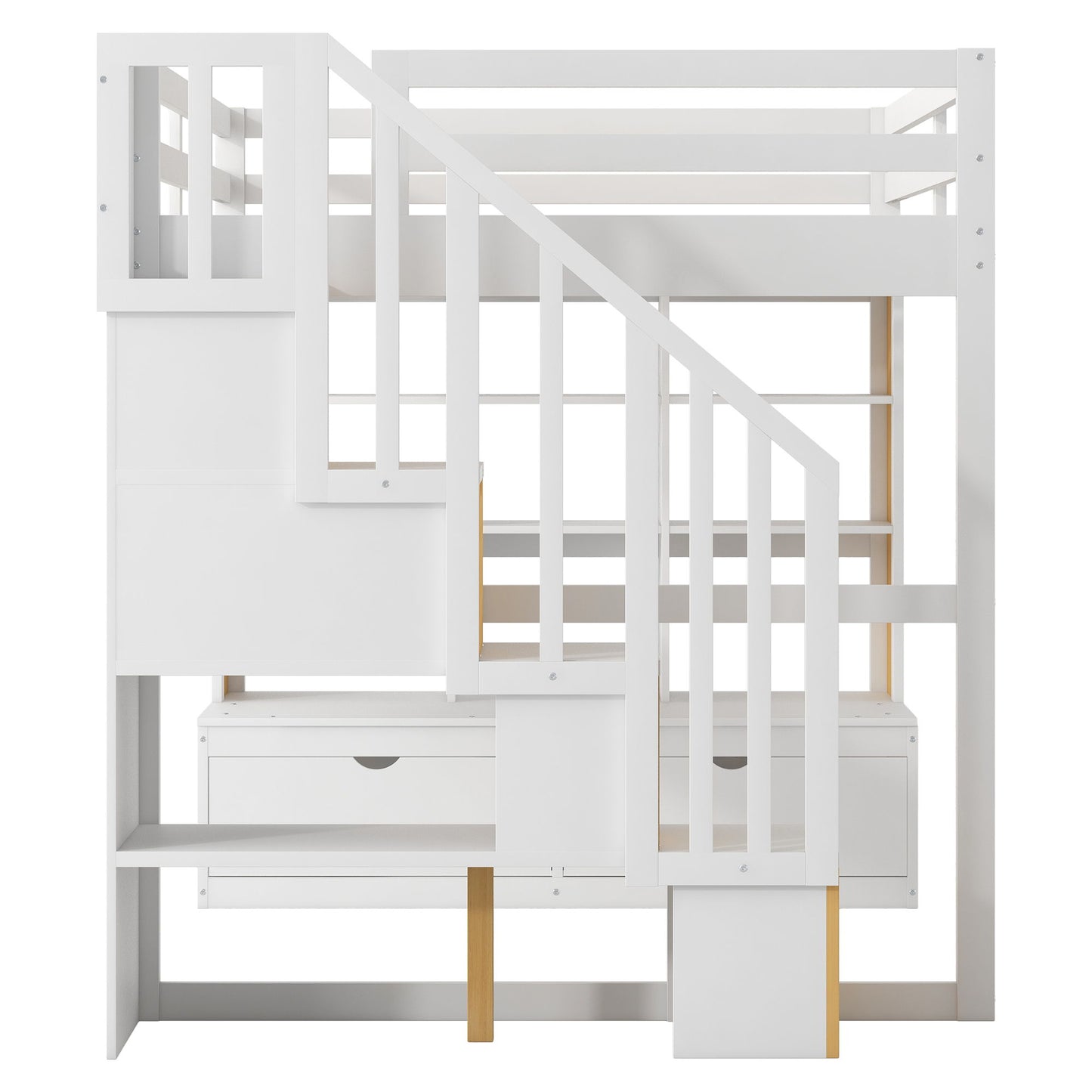 Full Size Loft Bed With Desk And Shelves, 2 Built In Drawers, Storage Staircase - Natural / White - The Sleep Loft - Online Mattress Showroom NYC