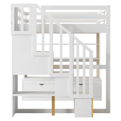 Full Size Loft Bed With Desk And Shelves, 2 Built In Drawers, Storage Staircase - Natural / White - The Sleep Loft - Online Mattress Showroom NYC