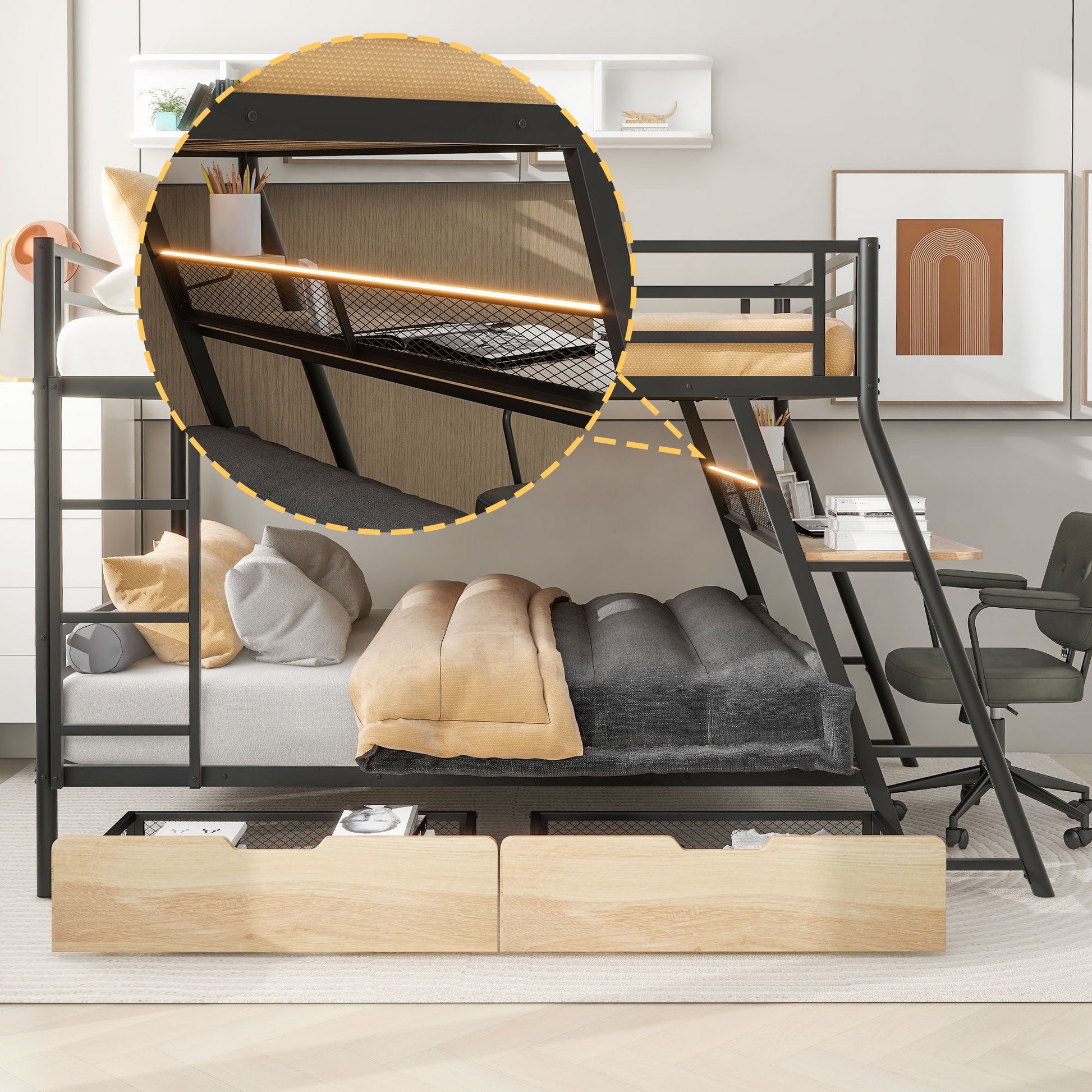Full Size Bunk Bed With Built In Desk, Light, And 2 Drawers - Black - The Sleep Loft - Online Mattress Showroom NYC