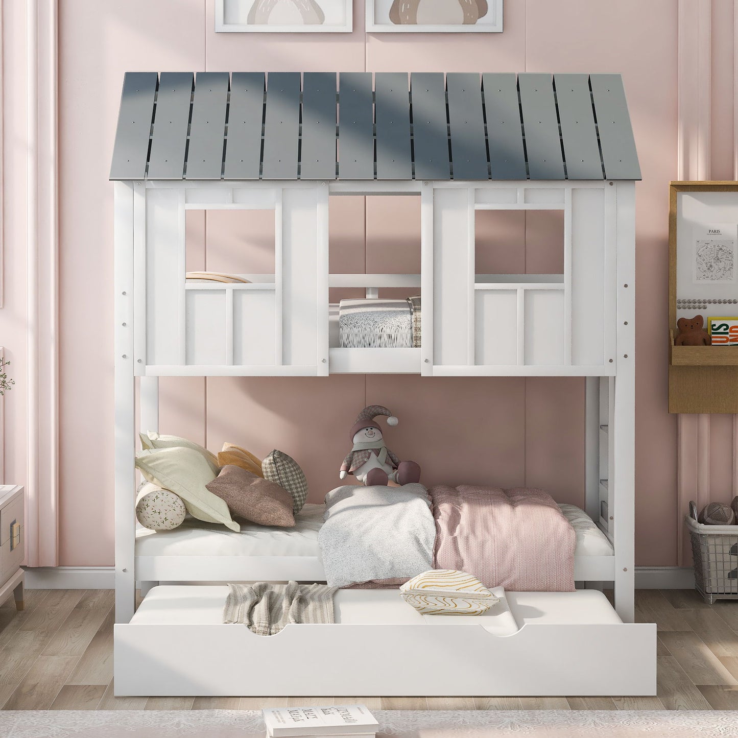 Twin Size House Bunk Bed With Trundle, Roof And Windows - White / Gray - The Sleep Loft - Online Mattress Showroom NYC