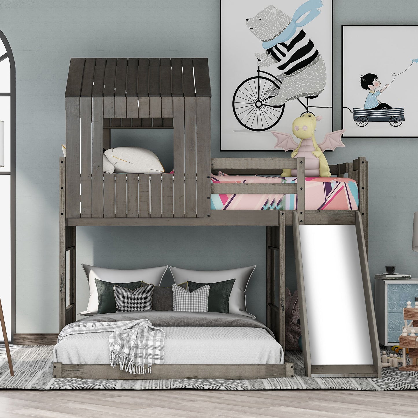 Loft Bunk Bed With Playhouse, Farmhouse, Ladder, Slide And Guardrails - The Sleep Loft - Online Mattress Showroom NYC