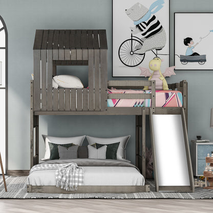 Loft Bunk Bed With Playhouse, Farmhouse, Ladder, Slide And Guardrails - The Sleep Loft - Online Mattress Showroom NYC