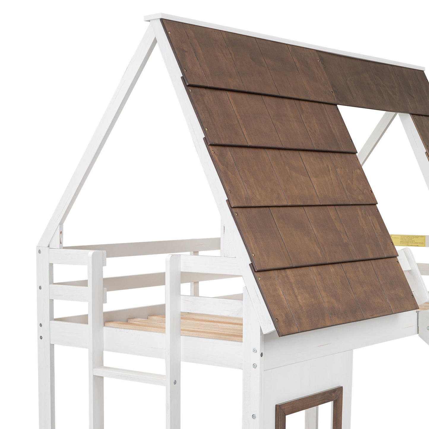 Wood Twin Size House Bunk Bed With Roof, Ladder And Slide - White / Brown - The Sleep Loft - Online Mattress Showroom NYC