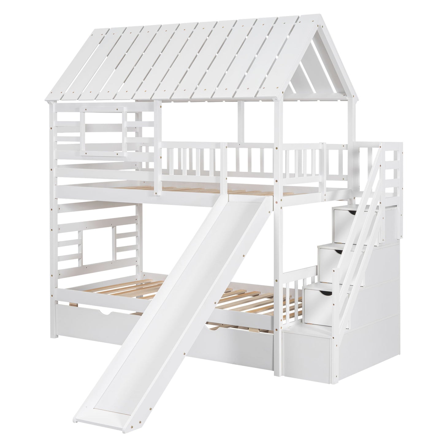 House Bunk Bed With Trundle, Storage Staircase, Roof And Window Design - The Sleep Loft - Online Mattress Showroom NYC