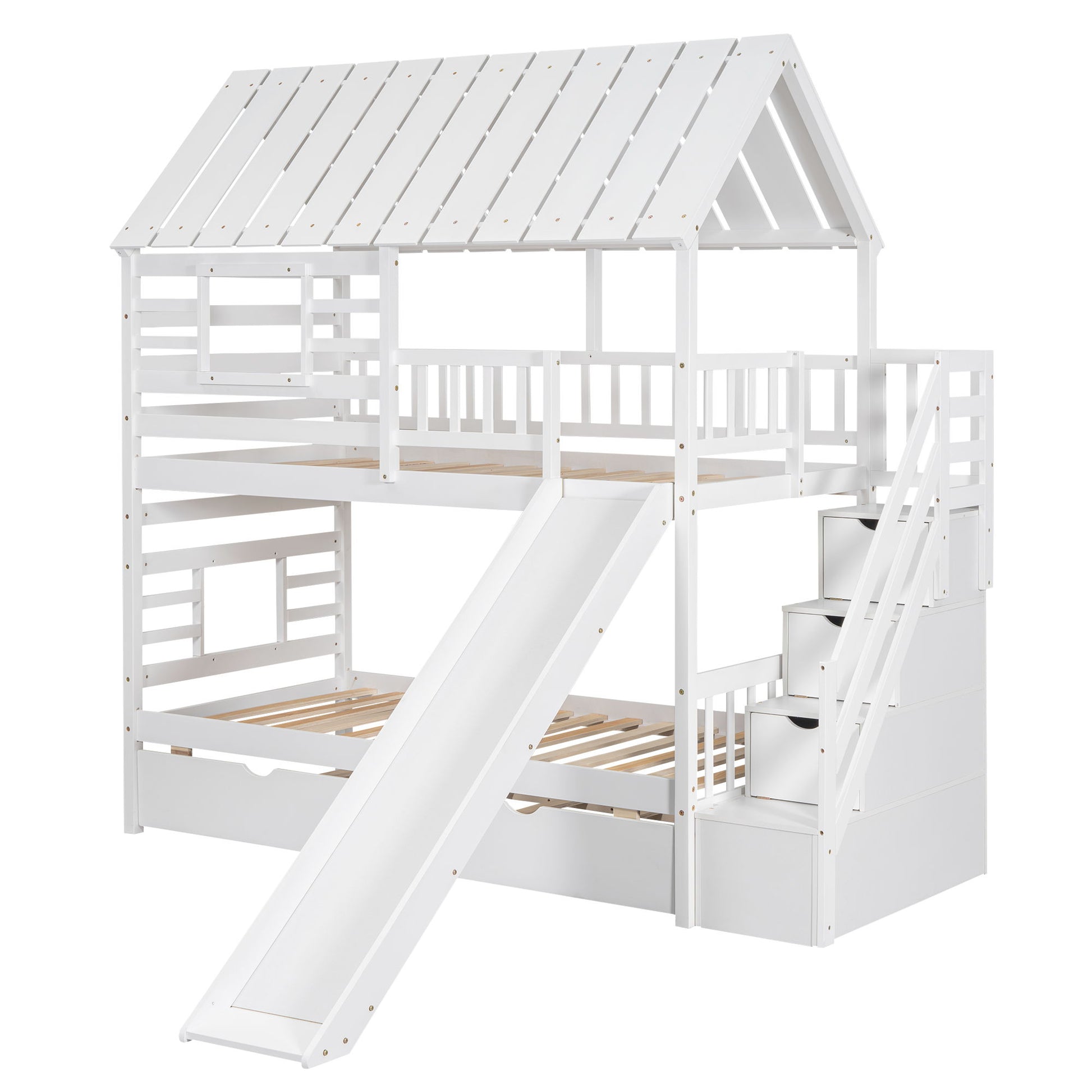 House Bunk Bed With Trundle, Storage Staircase, Roof And Window Design - The Sleep Loft - Online Mattress Showroom NYC