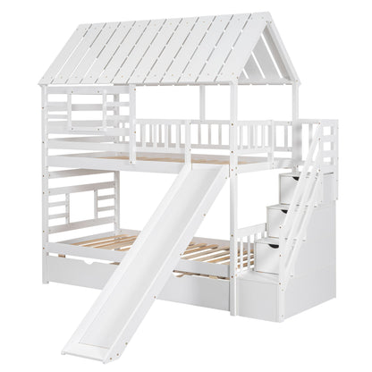 House Bunk Bed With Trundle, Storage Staircase, Roof And Window Design - The Sleep Loft - Online Mattress Showroom NYC