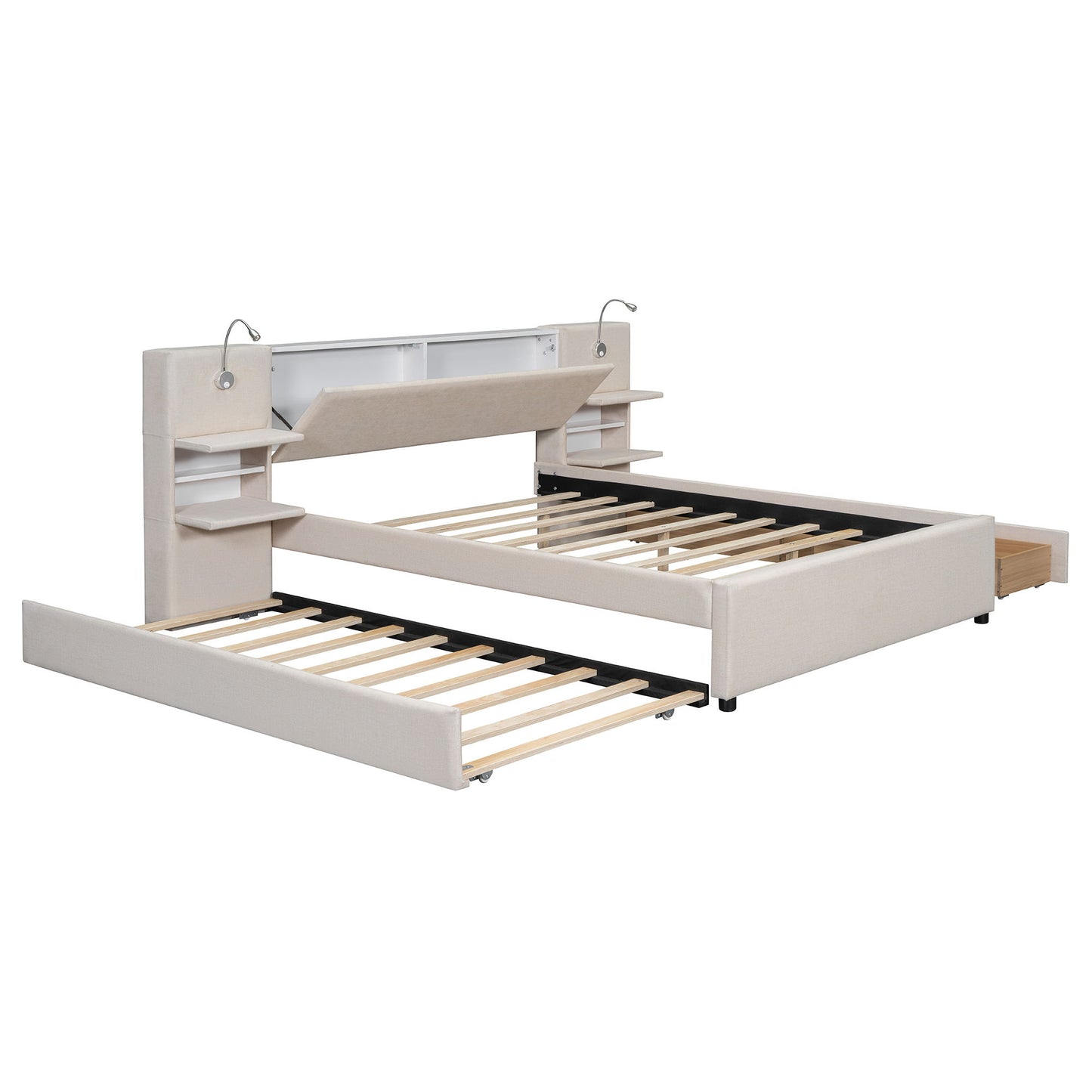 Upholstered Platform Bed With Reading Lights, Drawers, Trundle And Shelves - The Sleep Loft - Online Mattress Showroom NYC