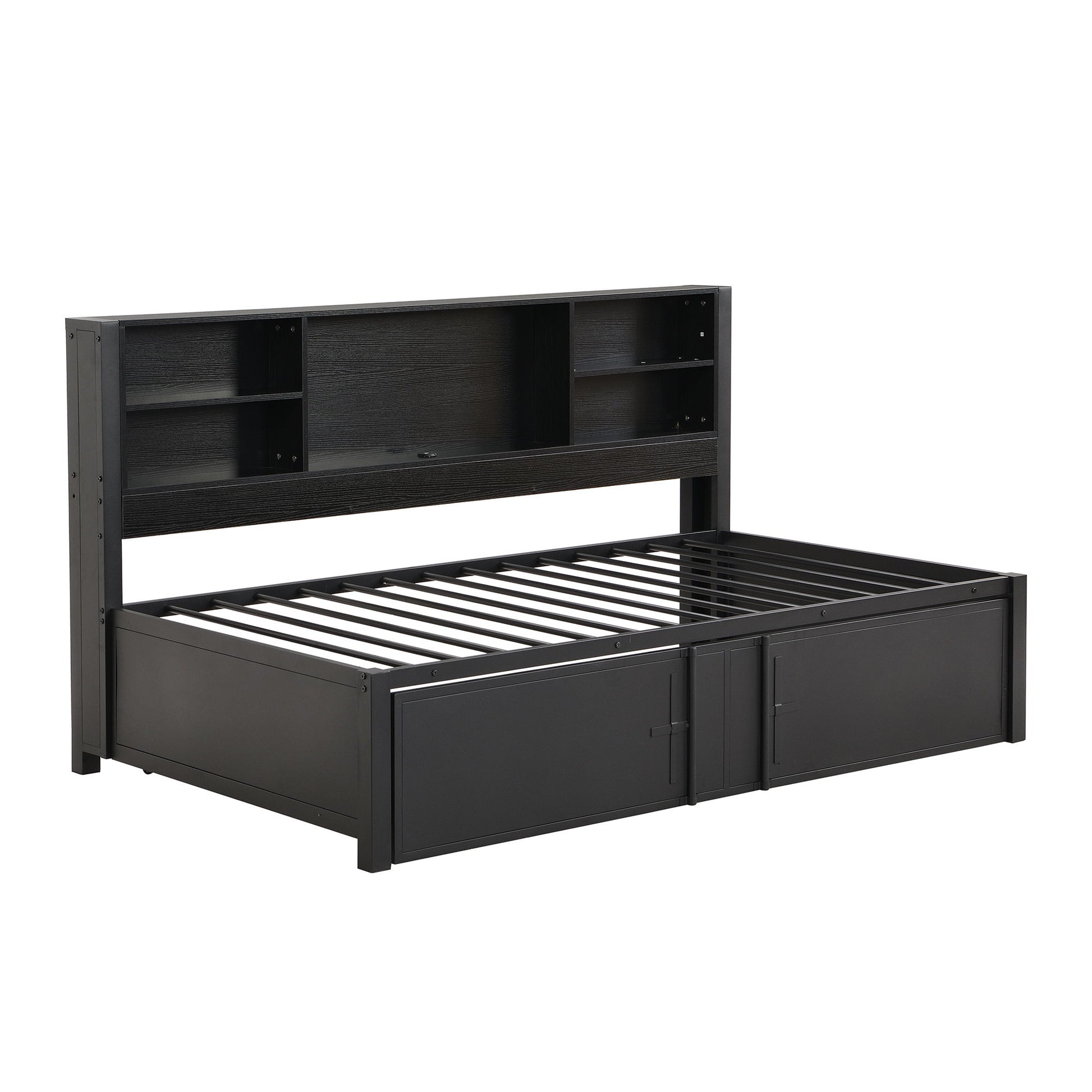 Industrial Metal Daybed With Trundle, Storage Shelves, USB Ports - The Sleep Loft - Online Mattress Showroom NYC