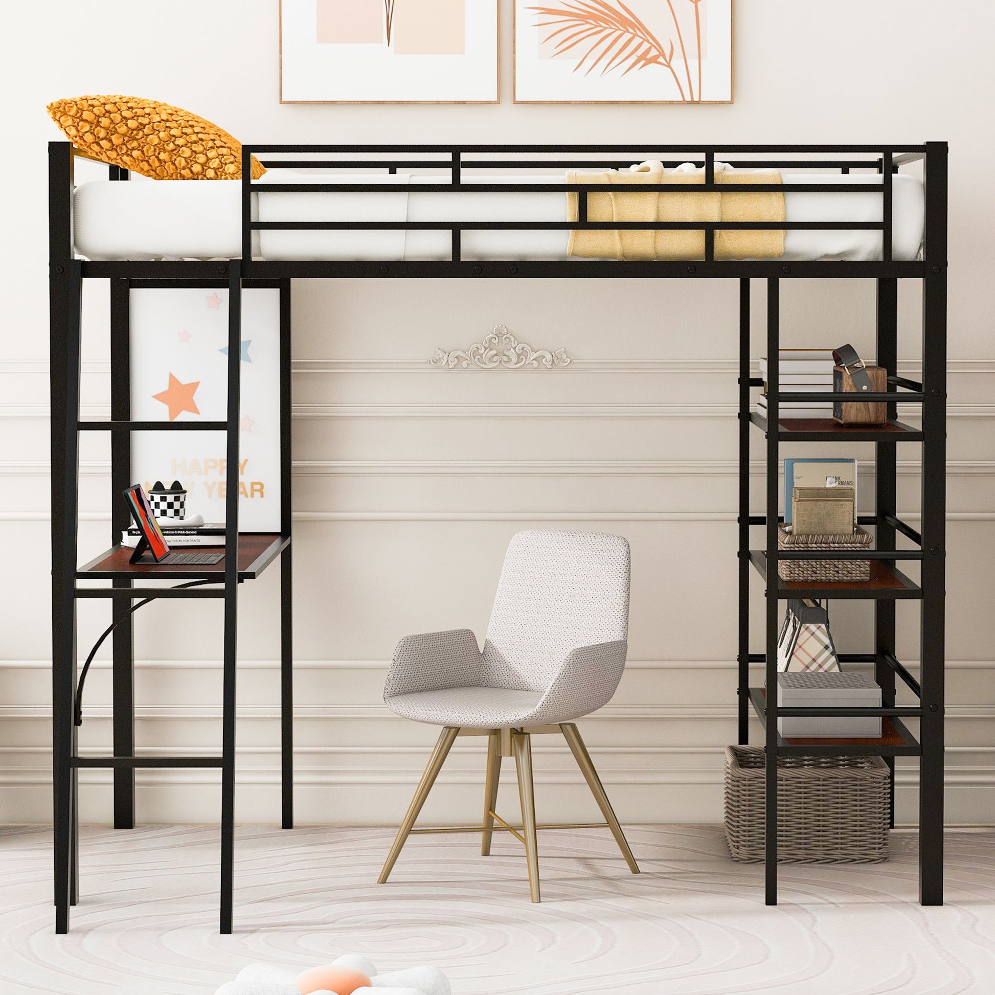 Loft Metal Bed With 3 Layers Of Shelves And Desk, Stylish Metal Frame Bed With board - The Sleep Loft - Online Mattress Showroom NYC