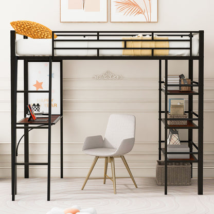 Loft Metal Bed With 3 Layers Of Shelves And Desk, Stylish Metal Frame Bed With board - The Sleep Loft - Online Mattress Showroom NYC