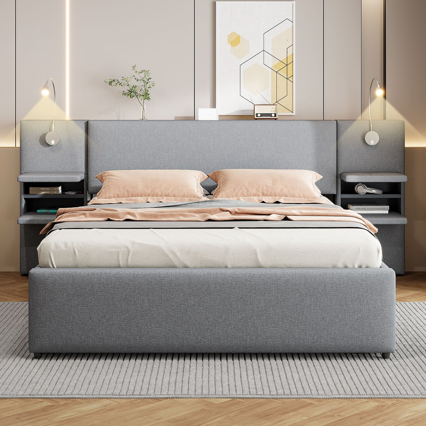 Upholstered Platform Bed With Reading Lights, Drawers, Trundle And Shelves - The Sleep Loft - Online Mattress Showroom NYC
