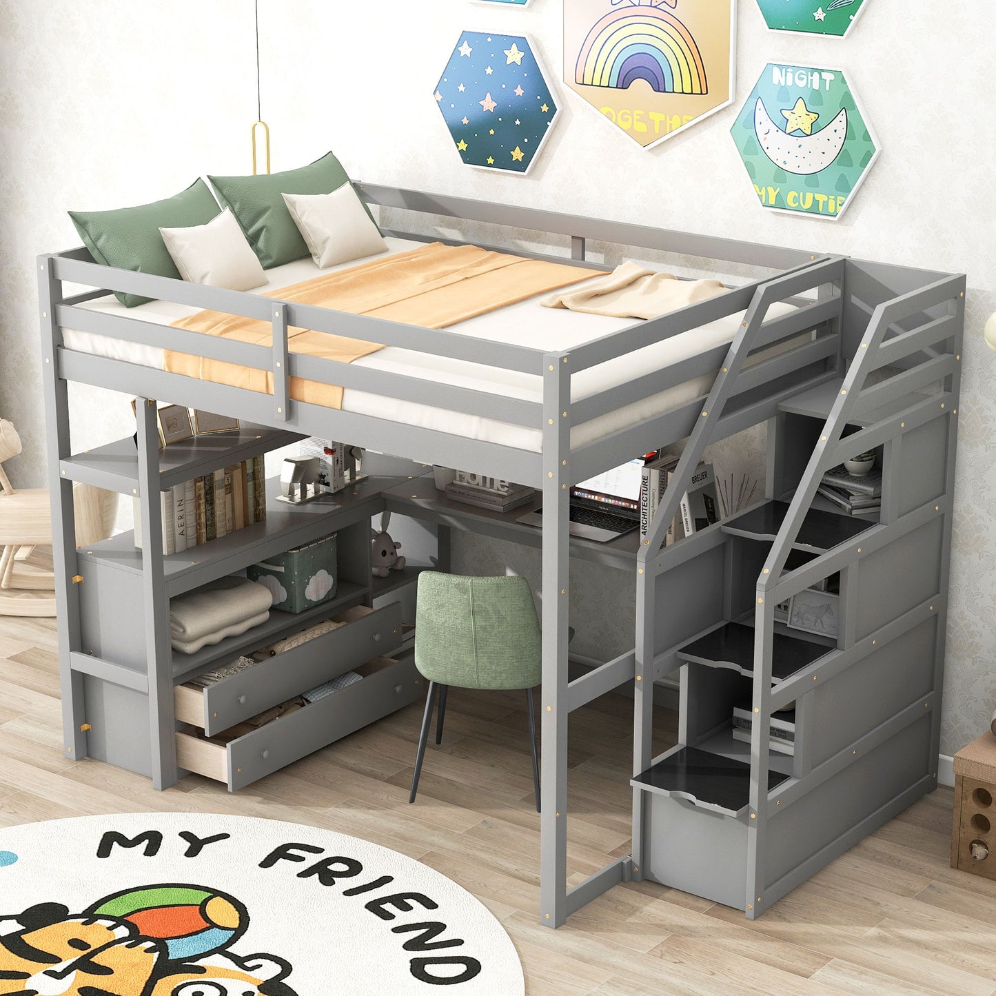 Loft Bed With Desk, Shelves, 2 Drawers, Storage Staircase - The Sleep Loft - Online Mattress Showroom NYC