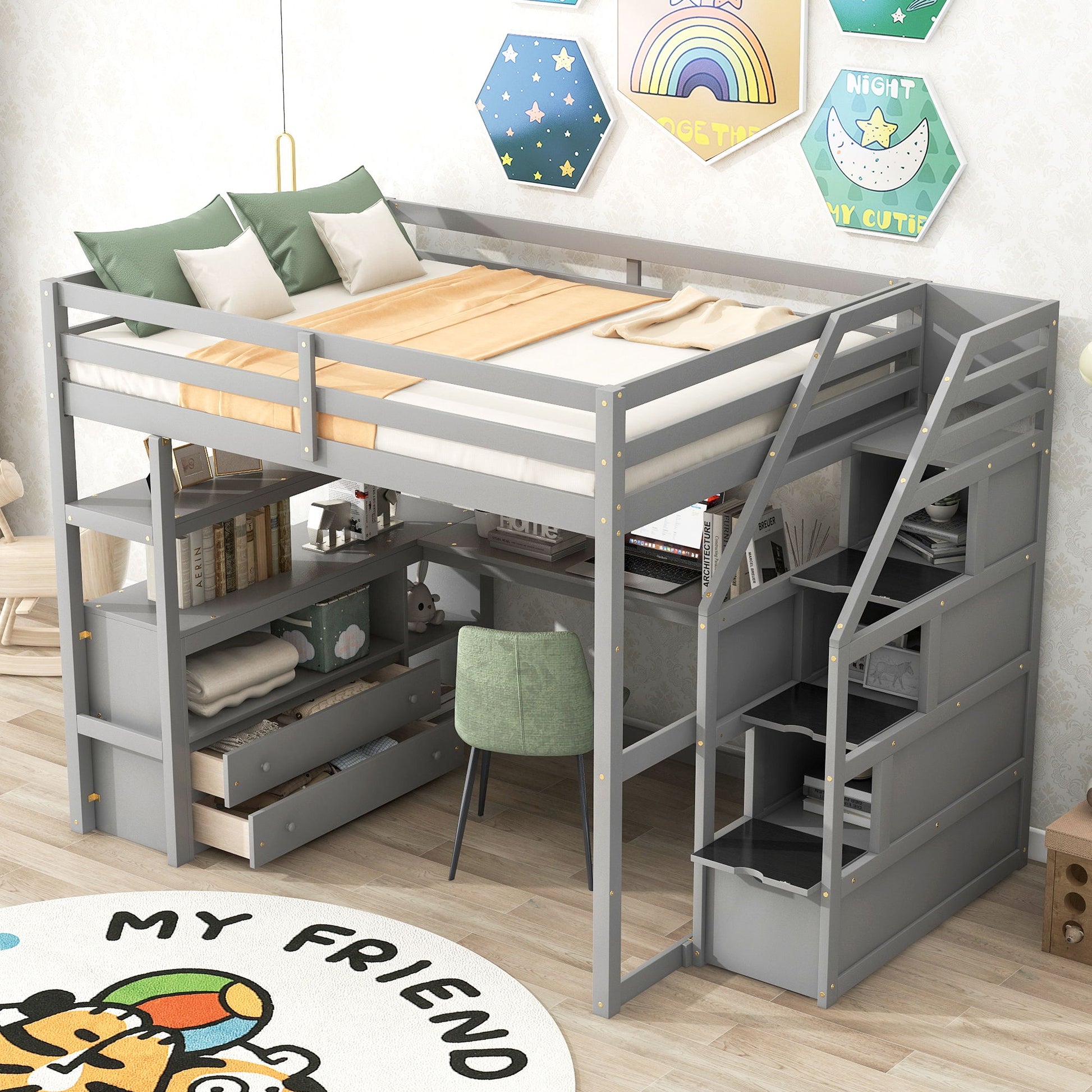Loft Bed With Desk, Shelves, 2 Drawers, Storage Staircase - The Sleep Loft - Online Mattress Showroom NYC