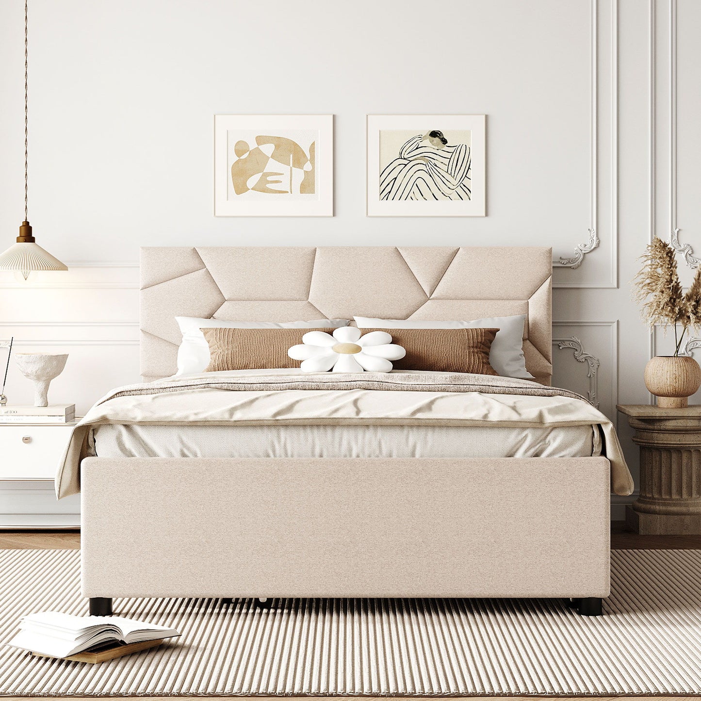 Upholstered Platform Bed With Brick Pattern Headboard And Twin Long Size Trundle - The Sleep Loft - Online Mattress Showroom NYC