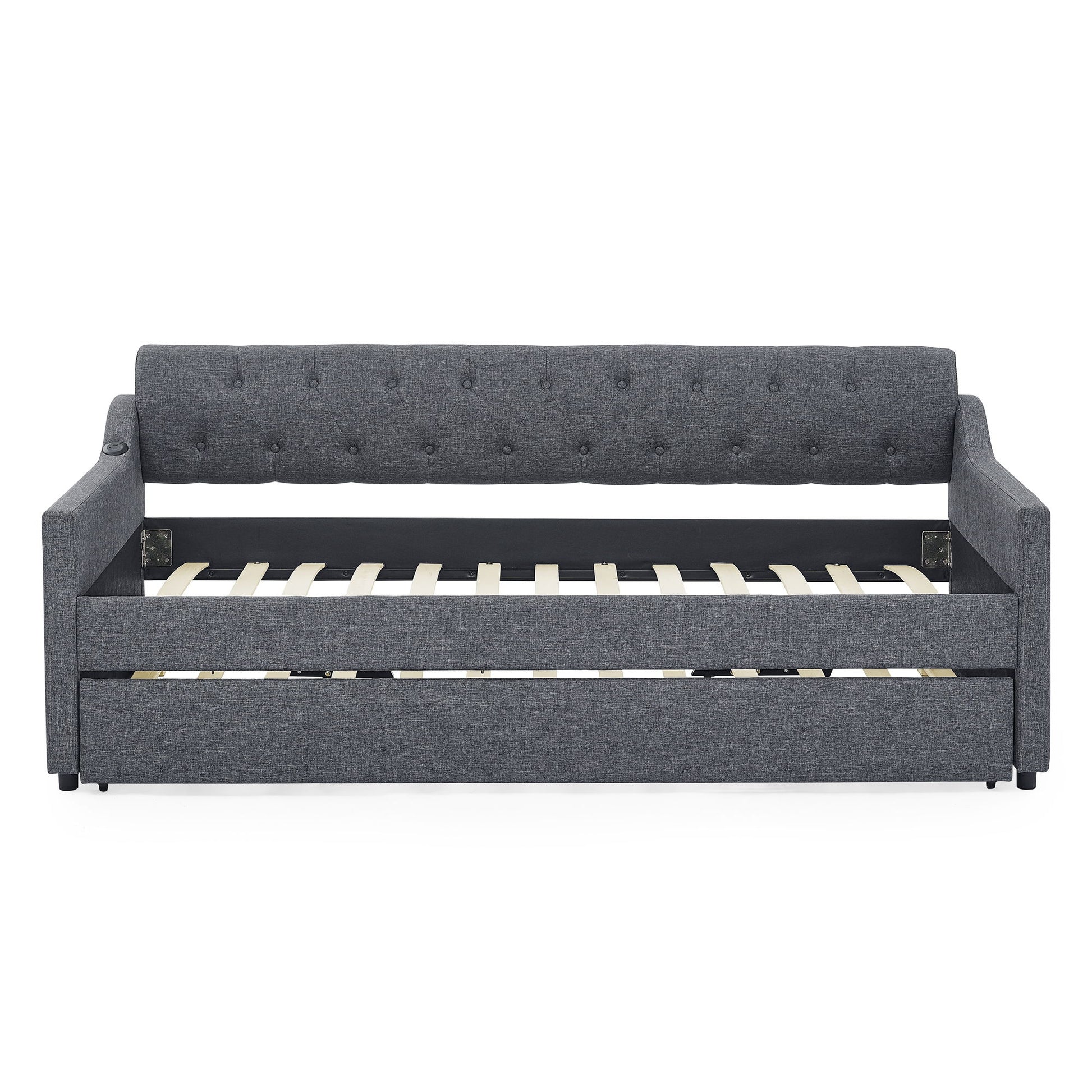 Size Upholstered Daybed With Trundle And USB Charging Armrest - The Sleep Loft - Online Mattress Showroom NYC