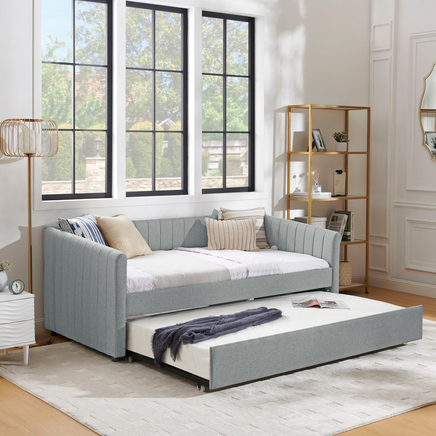 Upholstered Daybed With Trundle With Vertical Stripes - The Sleep Loft - Online Mattress Showroom NYC