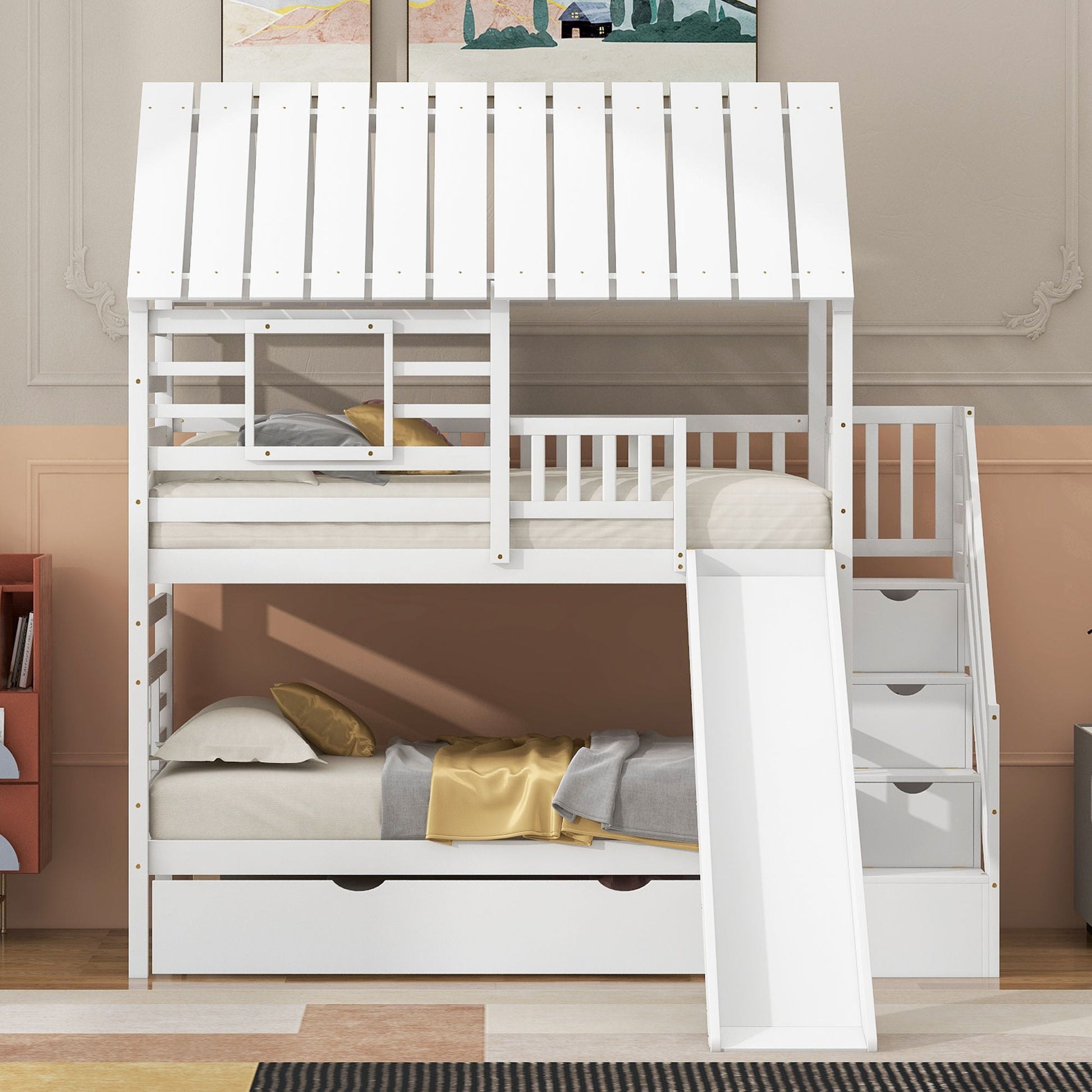 House Bunk Bed With Trundle, Storage Staircase, Roof And Window Design - The Sleep Loft - Online Mattress Showroom NYC