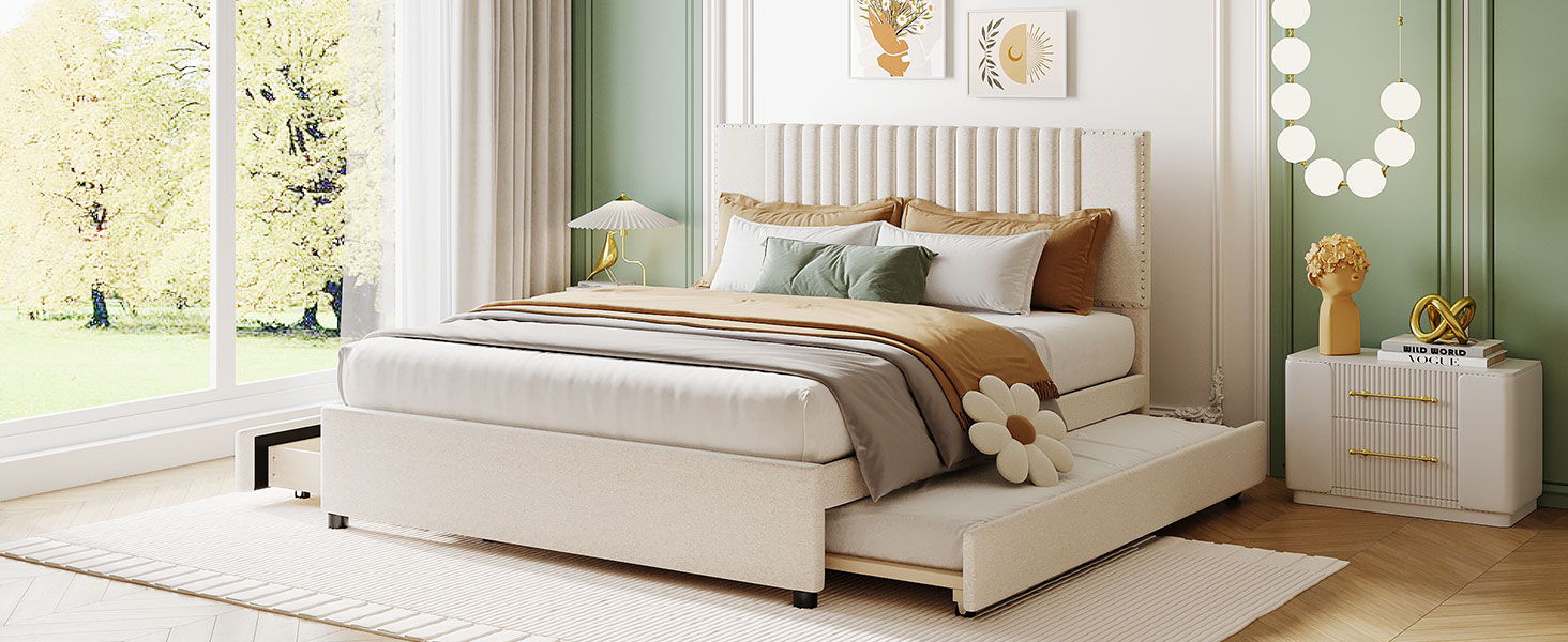 Upholstered Platform Bed With Drawers, Classic Headboard Design - The Sleep Loft - Online Mattress Showroom NYC