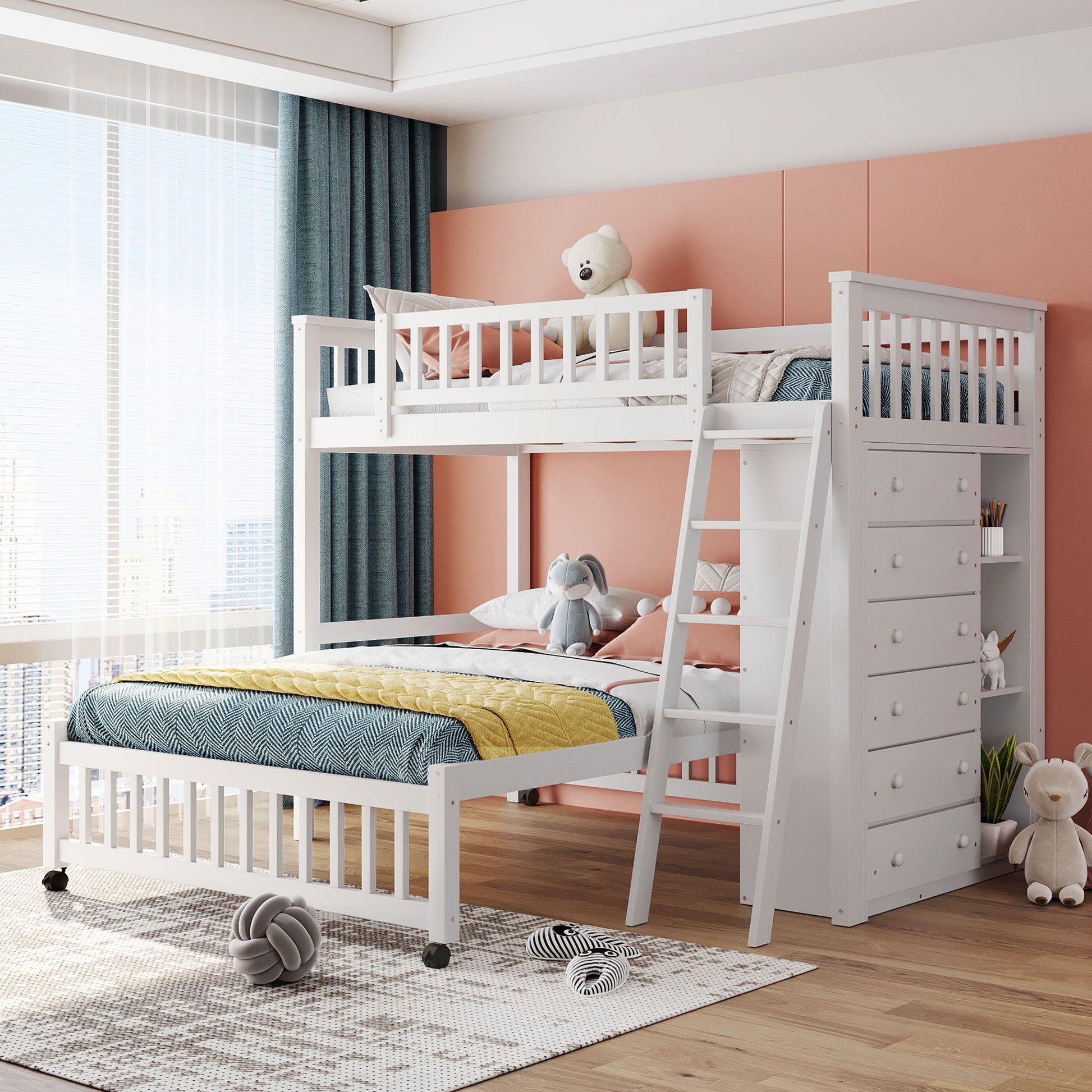 Bunk Bed With 6 Drawers And Flexible Shelves, Bottom Bed With Wheels - The Sleep Loft - Online Mattress Showroom NYC