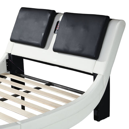 Upholstered Platform Bed Frame With LED Lighting, Bluetooth Connection To Play Music Control, Backrest Vibration Massage, Curve Design, Wood Slat Support, Exhibited Speakers - The Sleep Loft - Online Mattress Showroom NYC
