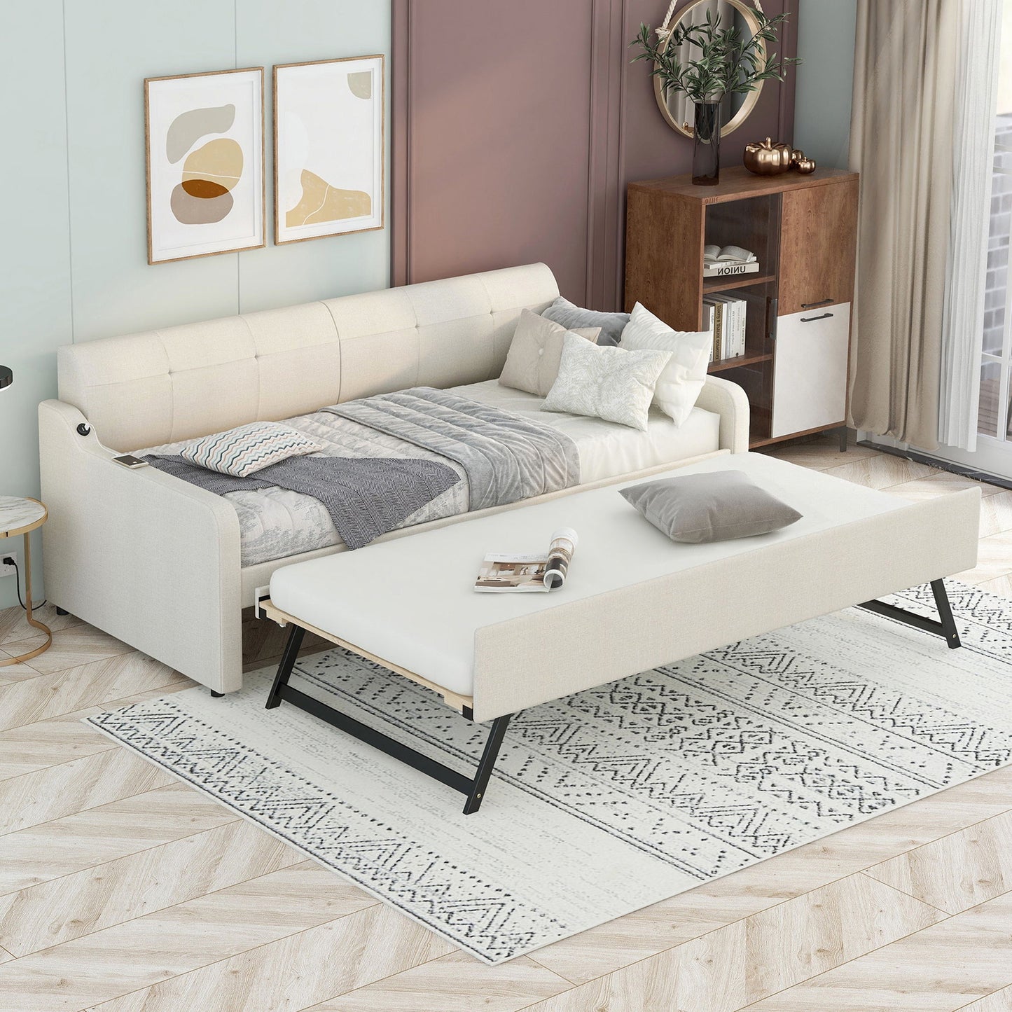 Upholstered Daybed With Trundle And USB Charging - The Sleep Loft - Online Mattress Showroom NYC
