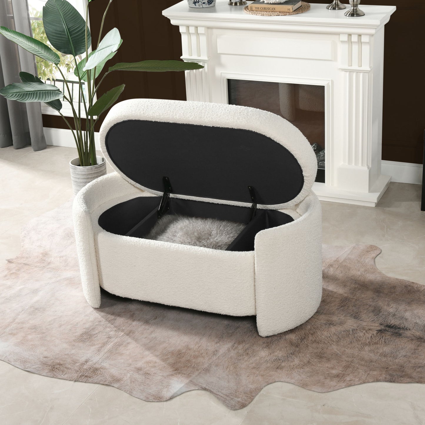Fuji - Oval Storage Bench, Upholstered - Ivory White - The Sleep Loft - Online Mattress Showroom NYC