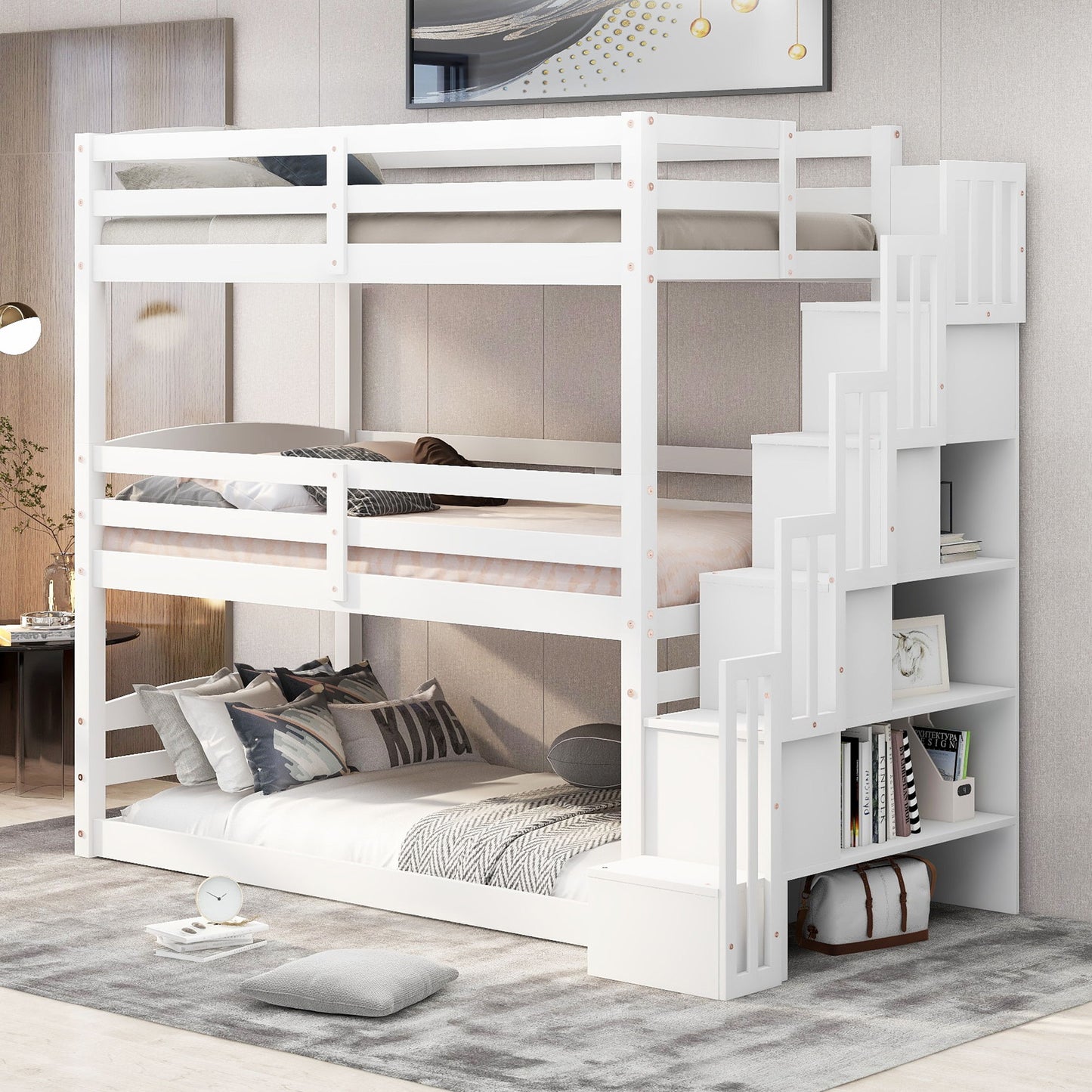 Twin Size Triple Bunk Bed With Storage Staircase, Separate Design - White - The Sleep Loft - Online Mattress Showroom NYC