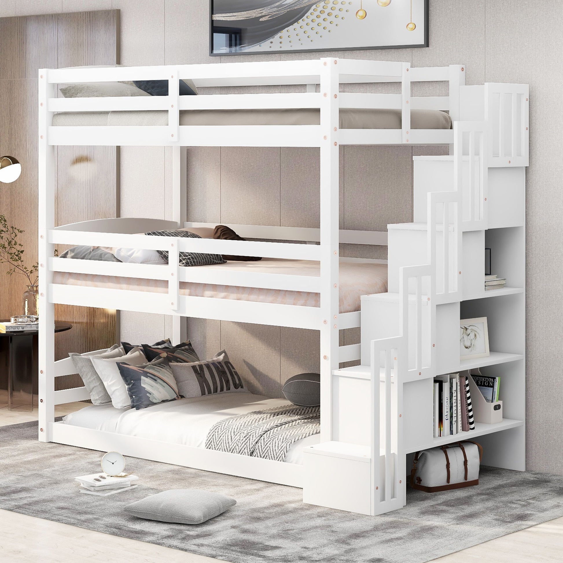 Twin Size Triple Bunk Bed With Storage Staircase, Separate Design - White - The Sleep Loft - Online Mattress Showroom NYC