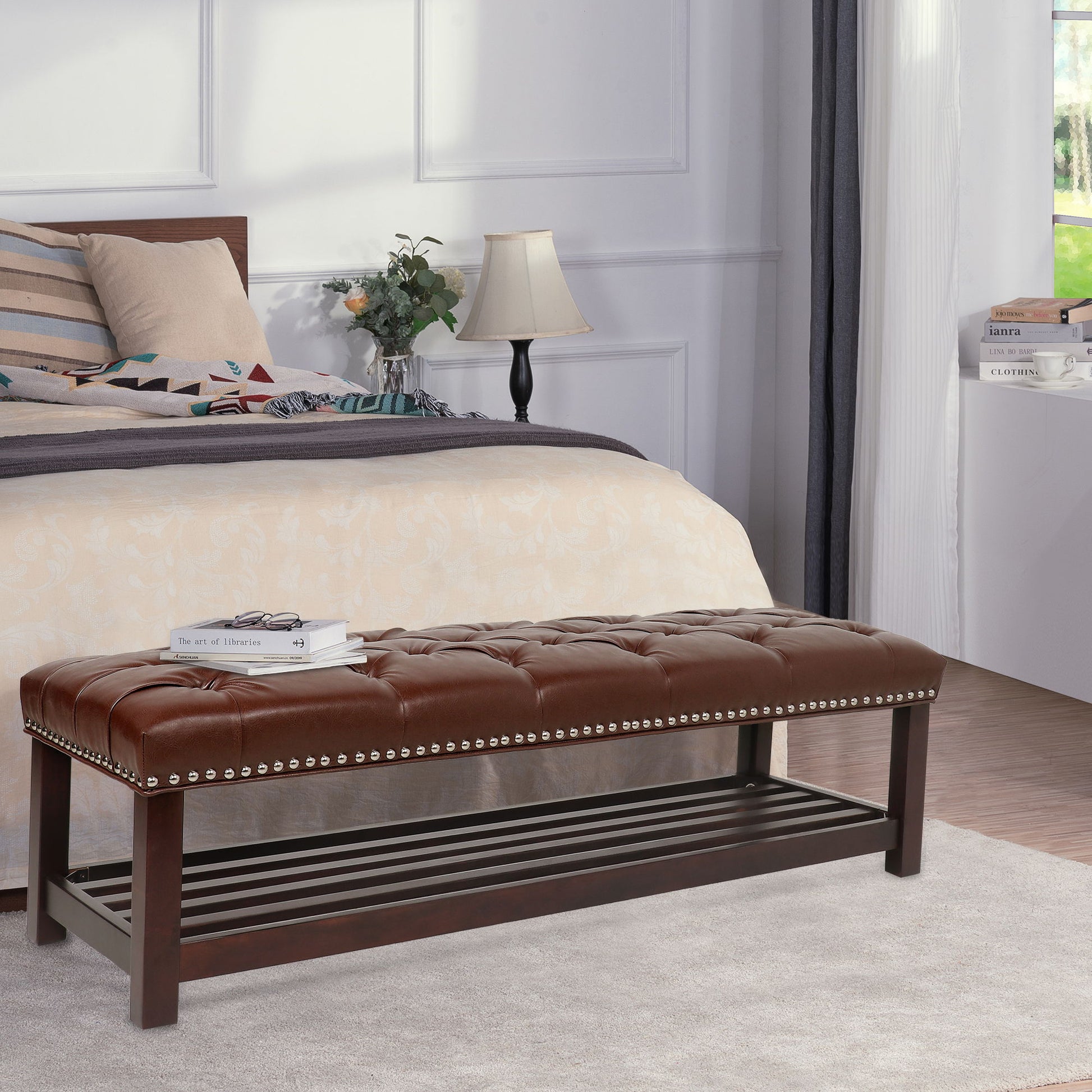 Bedroom End Of Bed Bench Tufted Upholstered End Of Bed Bench End Of Bed Entrance Shoe Bench With Nailhead Trim And Shelf Bedroom Upholstered Bench Living Room Shoe Rack Footstool - The Sleep Loft - Online Mattress Showroom NYC