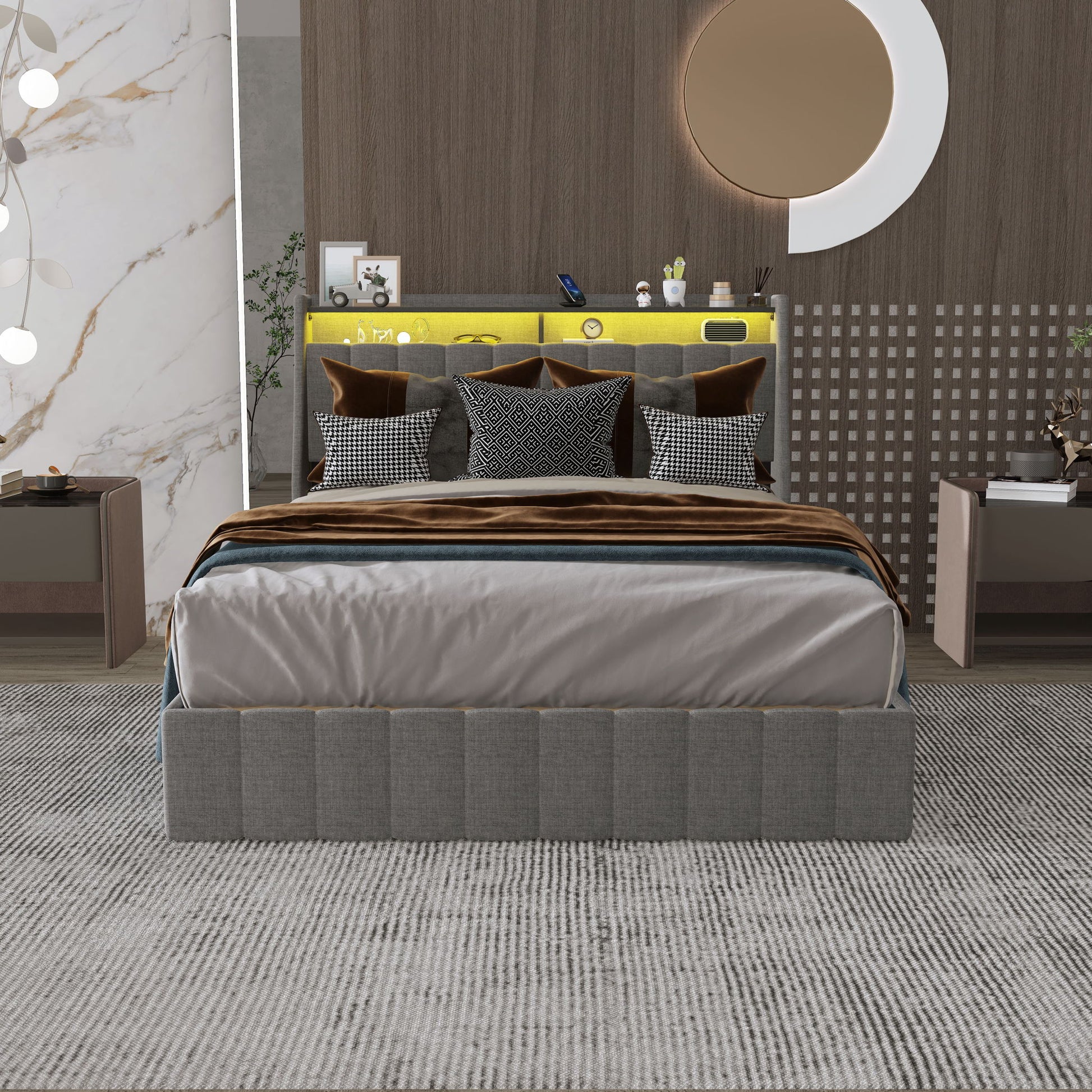 Bed With LED Lights, 4 Drawers, Winged Headboard Upholstered - The Sleep Loft - Online Mattress Showroom NYC