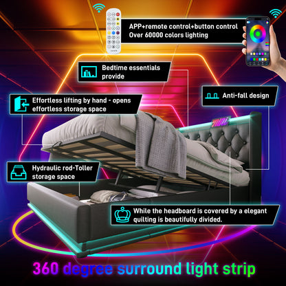 Upholstered Bed, 360 Surround LED Function, Remote Control, Hydraulic Storage Bed With USB, Type-C Charging (Without Mattress) - The Sleep Loft - Online Mattress Showroom NYC