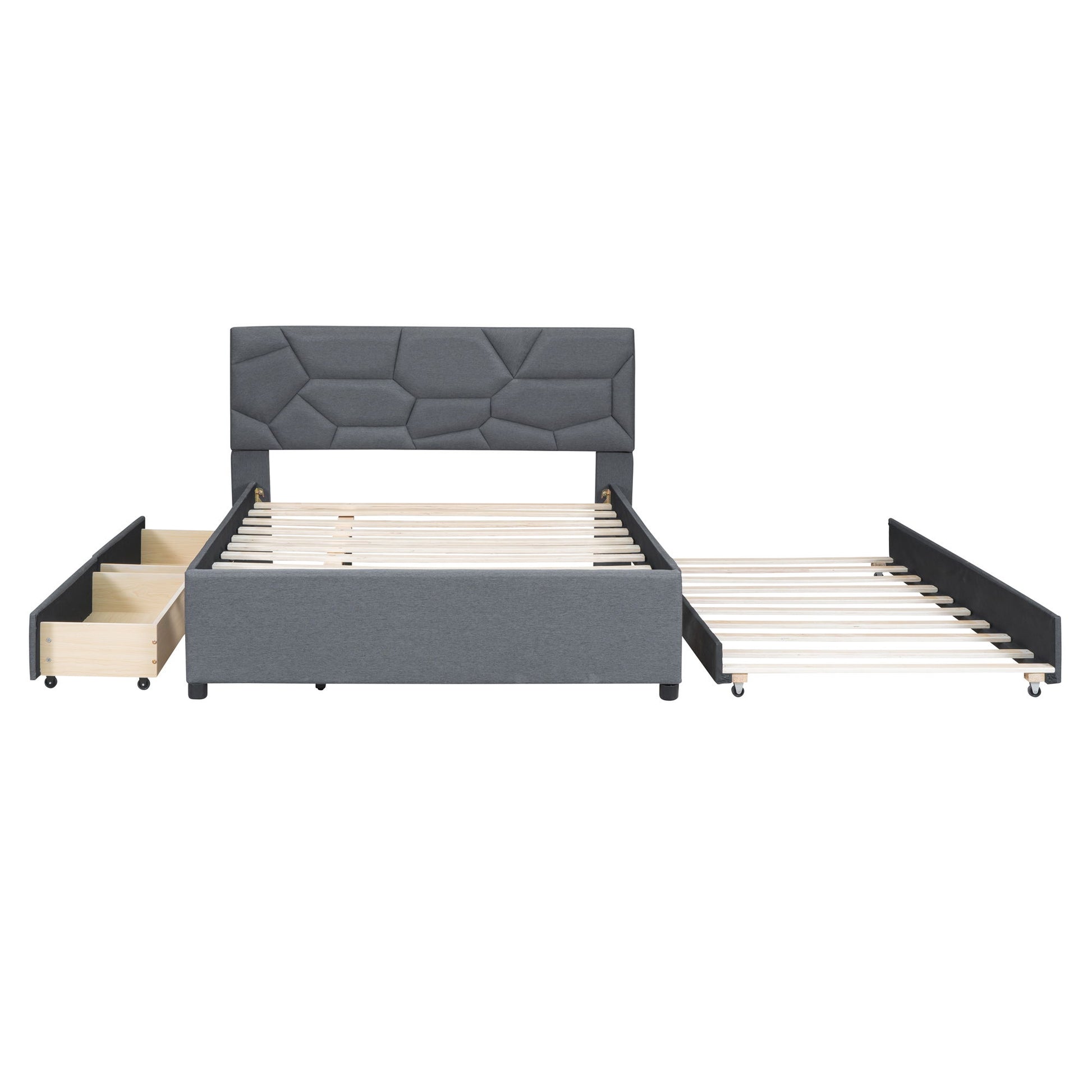 Upholstered Platform Bed With Brick Pattern Headboard And Twin Long Size Trundle - The Sleep Loft - Online Mattress Showroom NYC