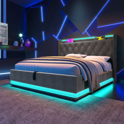 Upholstered Bed, 360 Surround LED Function, Remote Control, Hydraulic Storage Bed With USB, Type-C Charging (Without Mattress) - The Sleep Loft - Online Mattress Showroom NYC