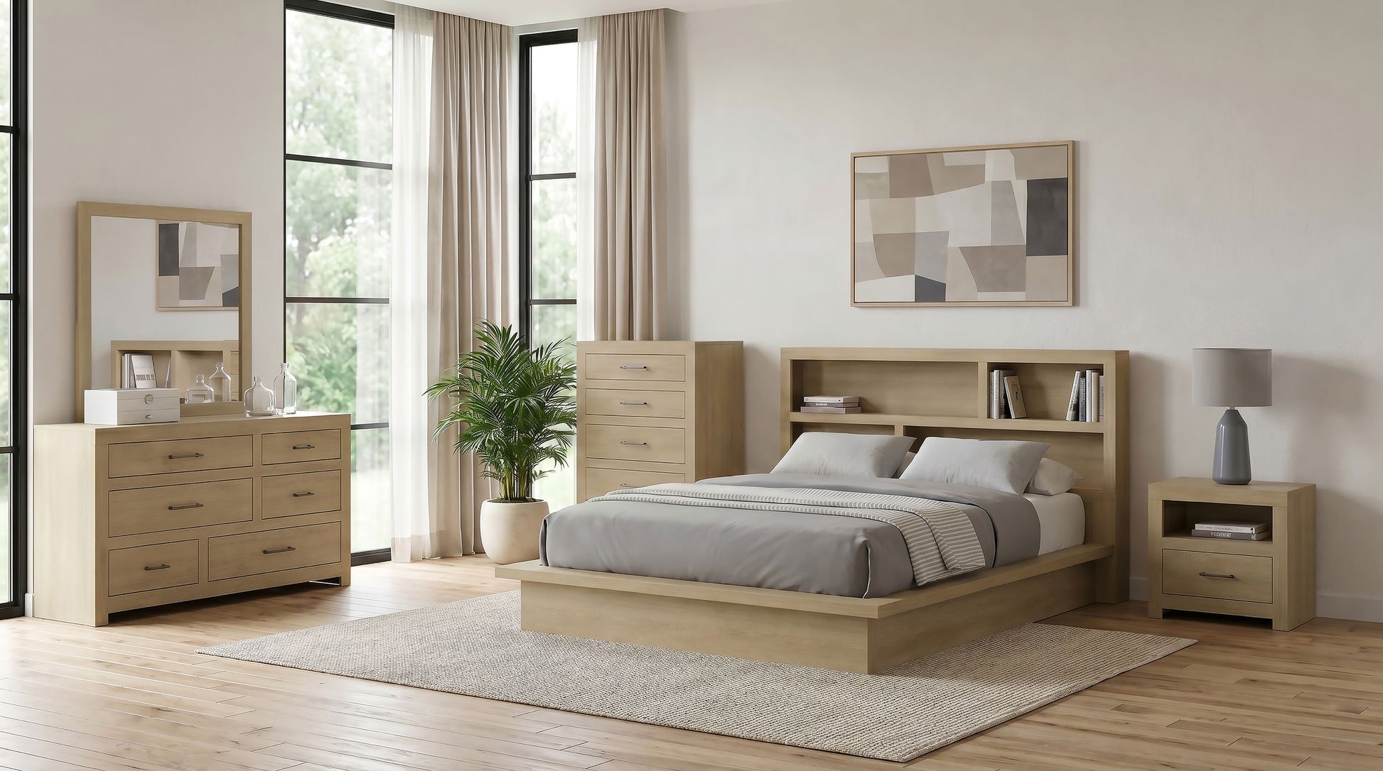 Hendricks California King Bookcase Headboard Platform Bed Light Oak