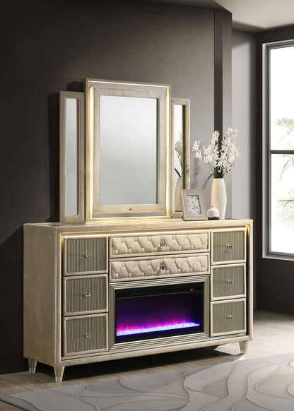 Lorient 8-drawer LED Flame Box Dresser and Mirror Ivory Camel