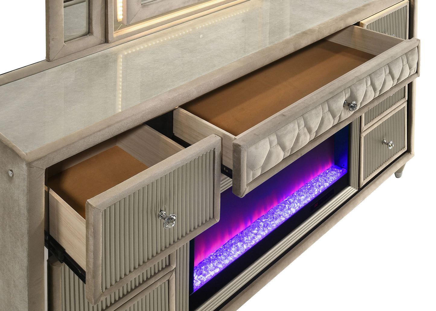 Lorient 8-drawer LED Bedroom Flame Box Dresser Ivory Camel