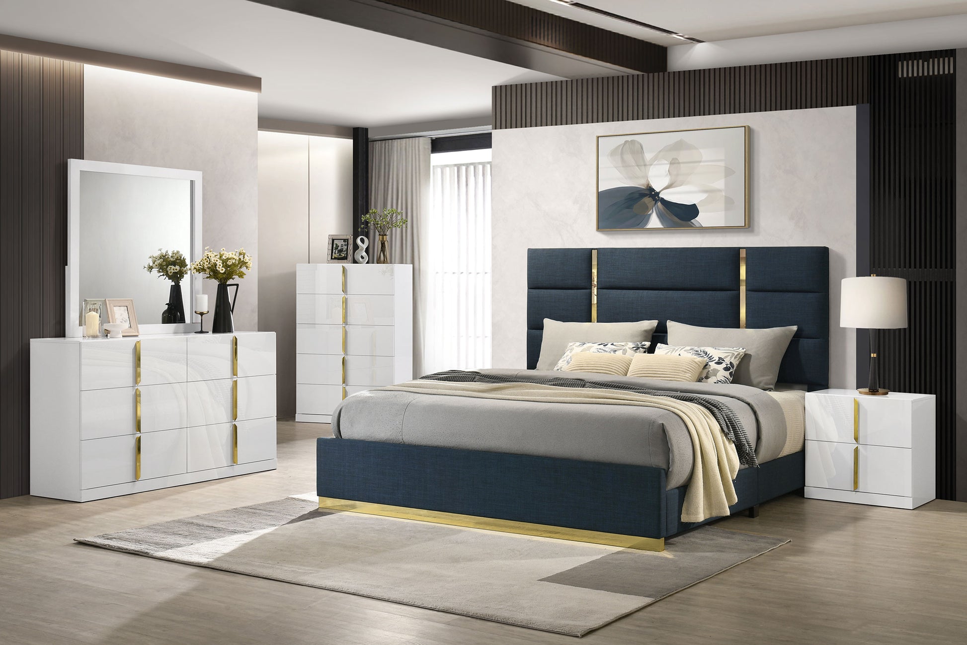 Ines 56-inch Fabric Upholstered Queen Panel Bed Navy