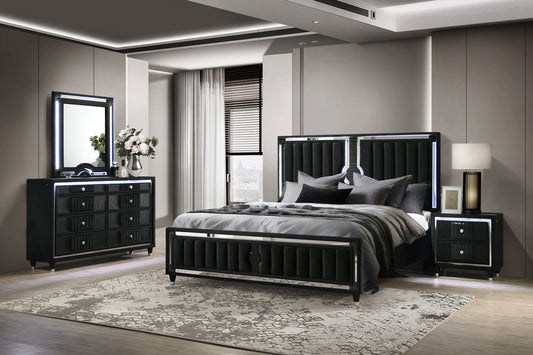 Ravenne 4-piece Velvet Upholstered California King LED Bedroom Set Black - The Sleep Loft - Online Mattress Showroom NYC