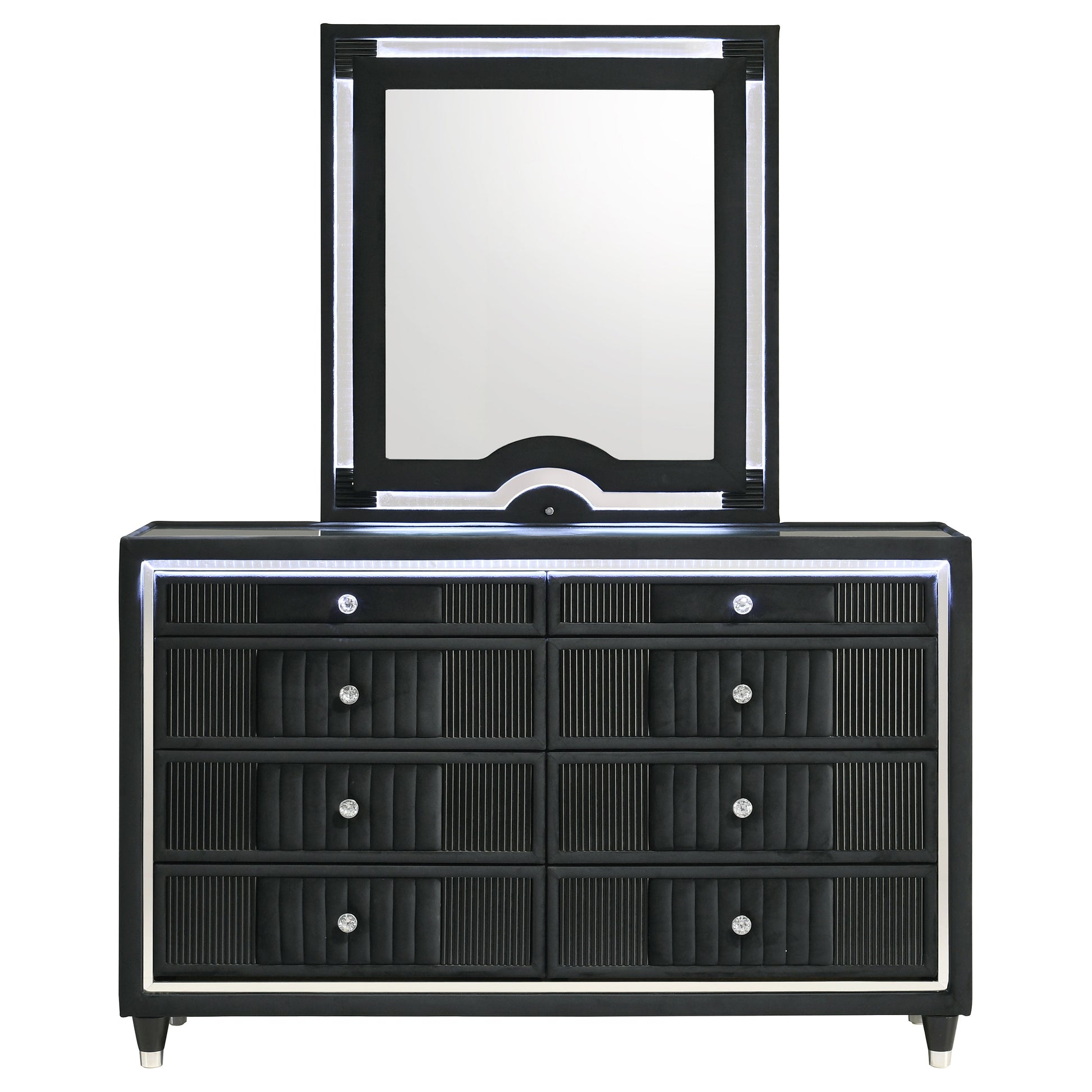 Ravenne 8-drawer Velvet Upholstered LED Dresser and Mirror Black