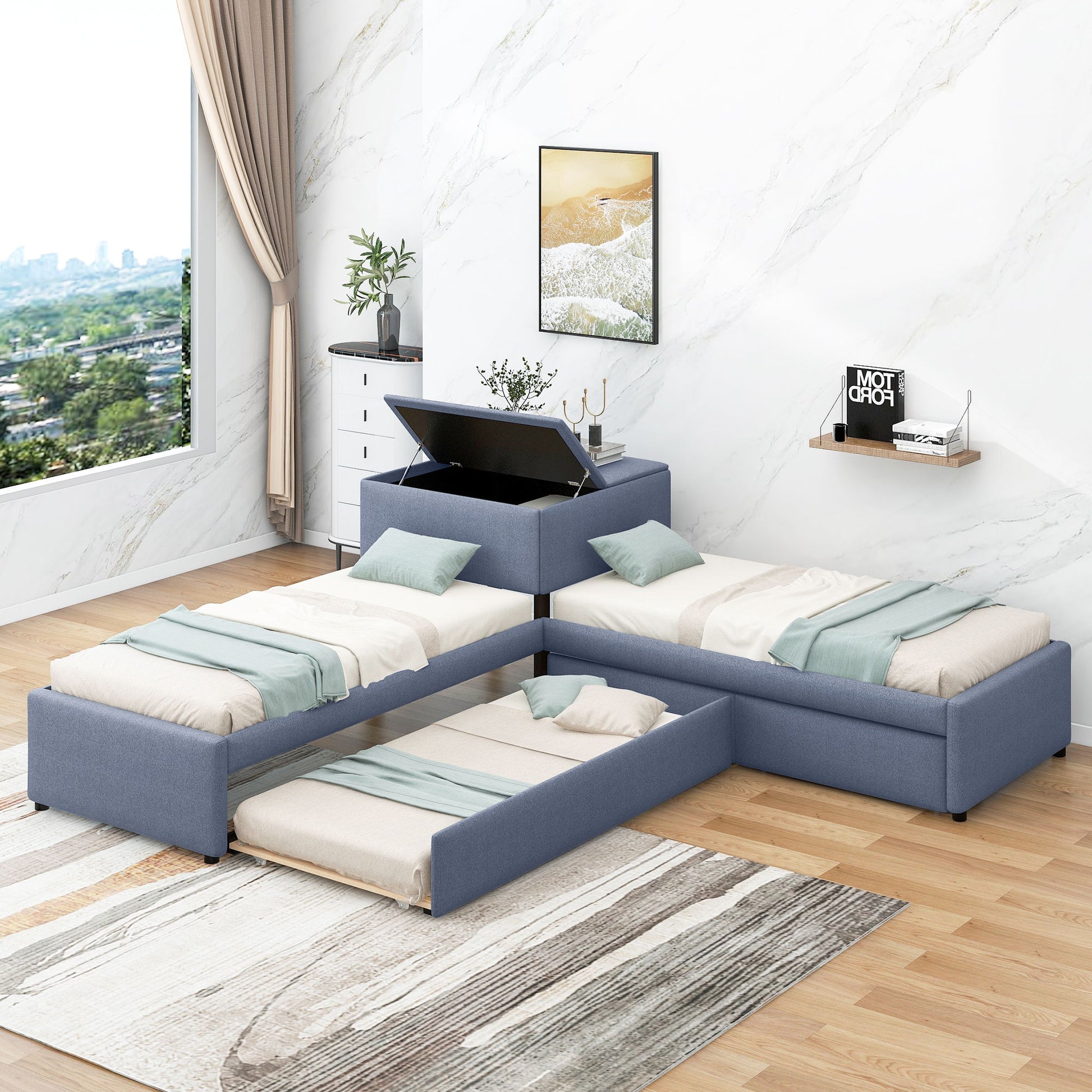 L Shaped Upholstered Platform Bed With Trundle And 2 Drawers Linked With Built In Desk - The Sleep Loft - Online Mattress Showroom NYC