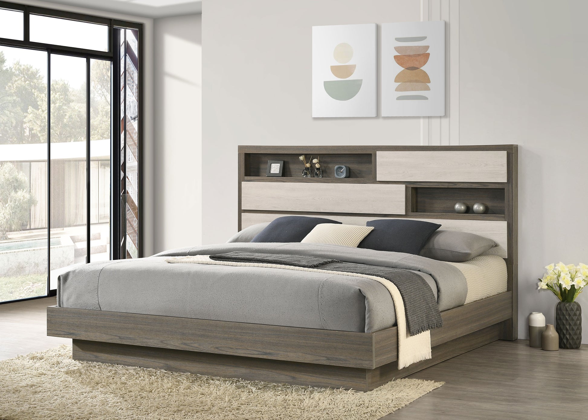 Fenwick Eastern King Bed Bookcase Headboard Grey Oak
