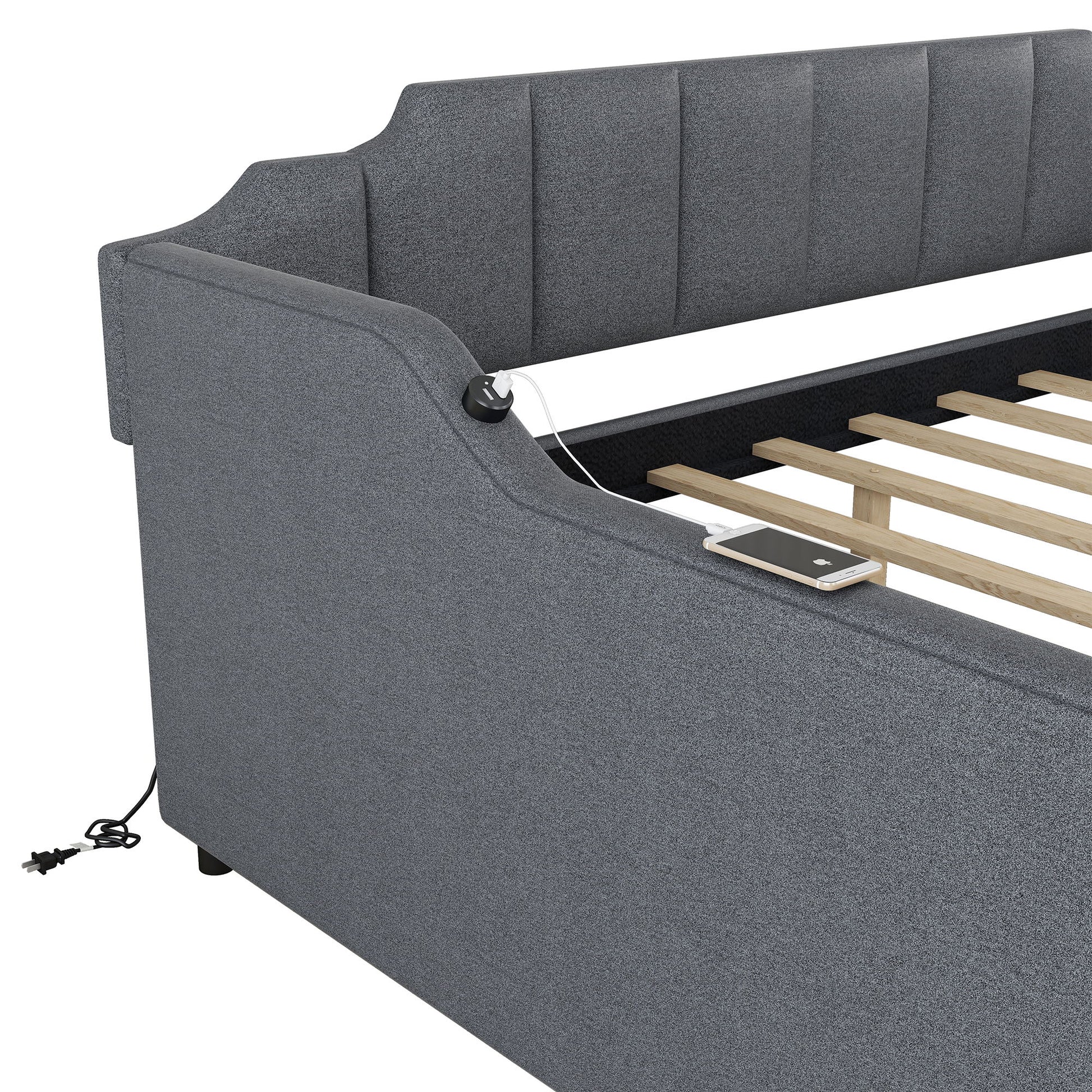 Full Size Upholstered Daybed With Trundle And USB Charging - Gray - The Sleep Loft - Online Mattress Showroom NYC