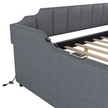 Full Size Upholstered Daybed With Trundle And USB Charging - Gray - The Sleep Loft - Online Mattress Showroom NYC