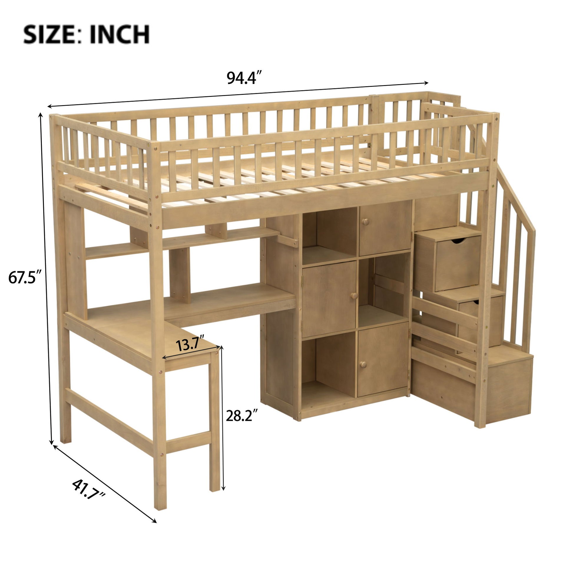 Loft Bed With Built In L Shaped Desk, LED Lights, Storage Shelves, Cabinets, And Staircase - The Sleep Loft - Online Mattress Showroom NYC