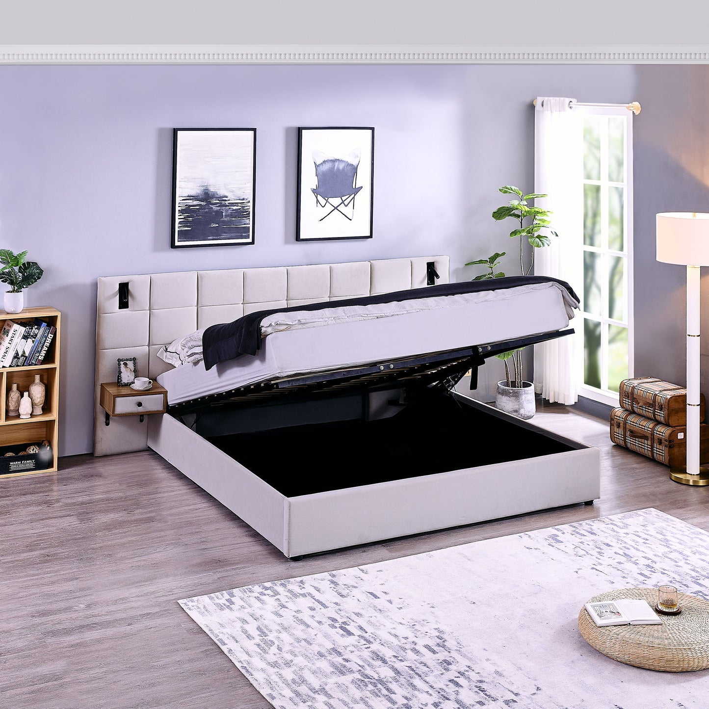 Upholstered Hydraulic Platform Bed With Storage Shelves, Reading Lamps, USB Port - The Sleep Loft - Online Mattress Showroom NYC