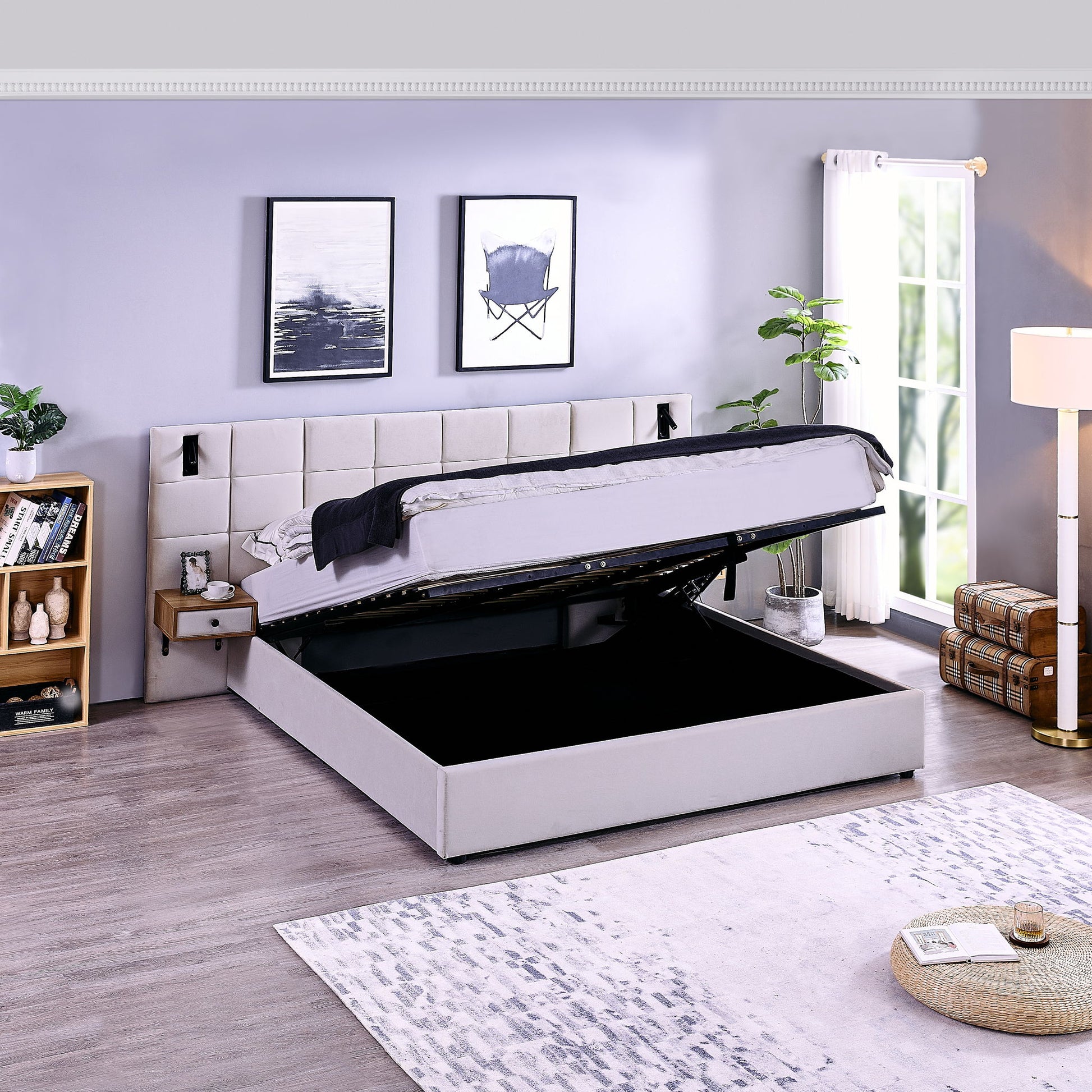 Upholstered Hydraulic Platform Bed With Storage Shelves, Reading Lamps, USB Port - The Sleep Loft - Online Mattress Showroom NYC